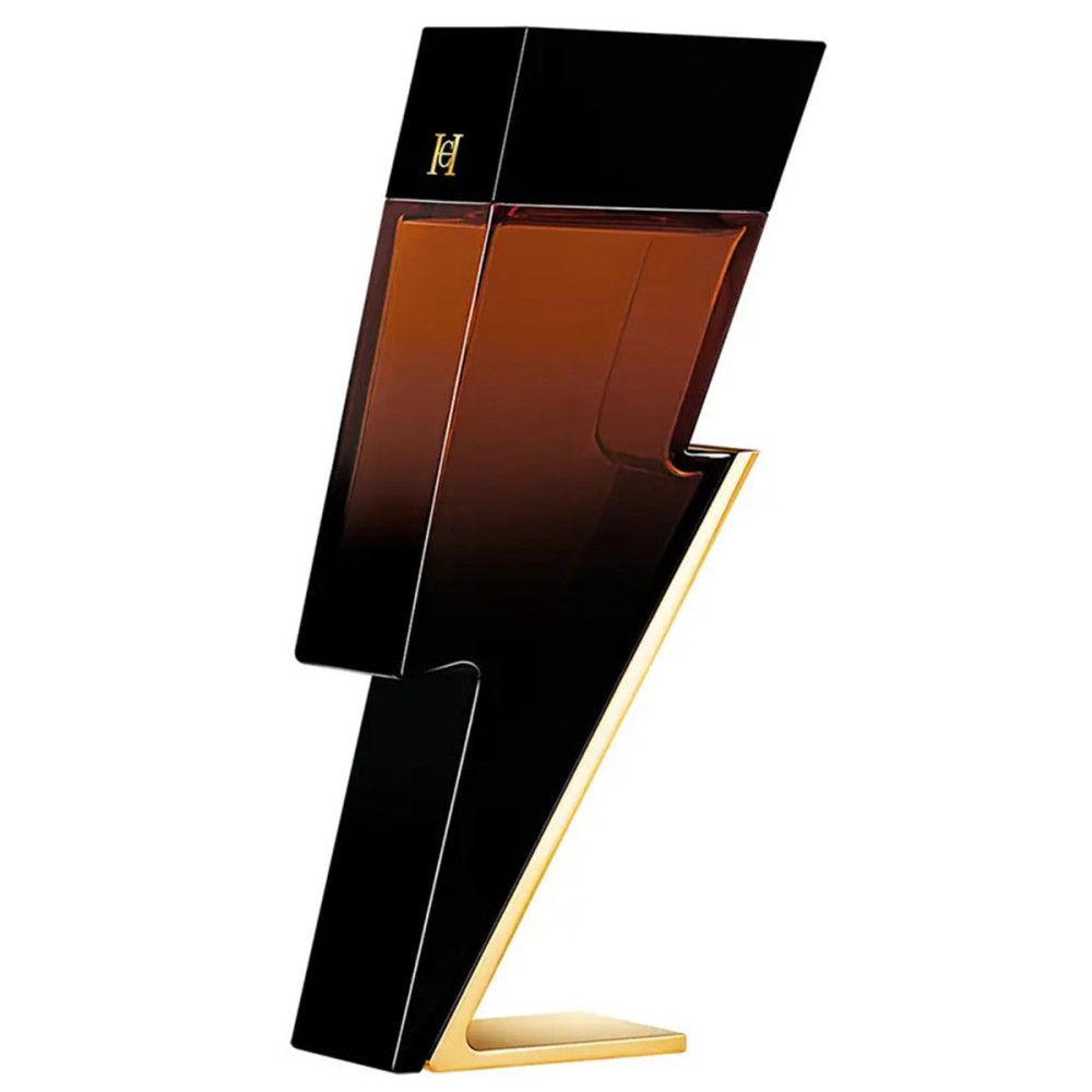 Blitzförmiger Flakon. Schwarz und braun. Goldfarbener Sockel. Aufschrift: Bad Boy.