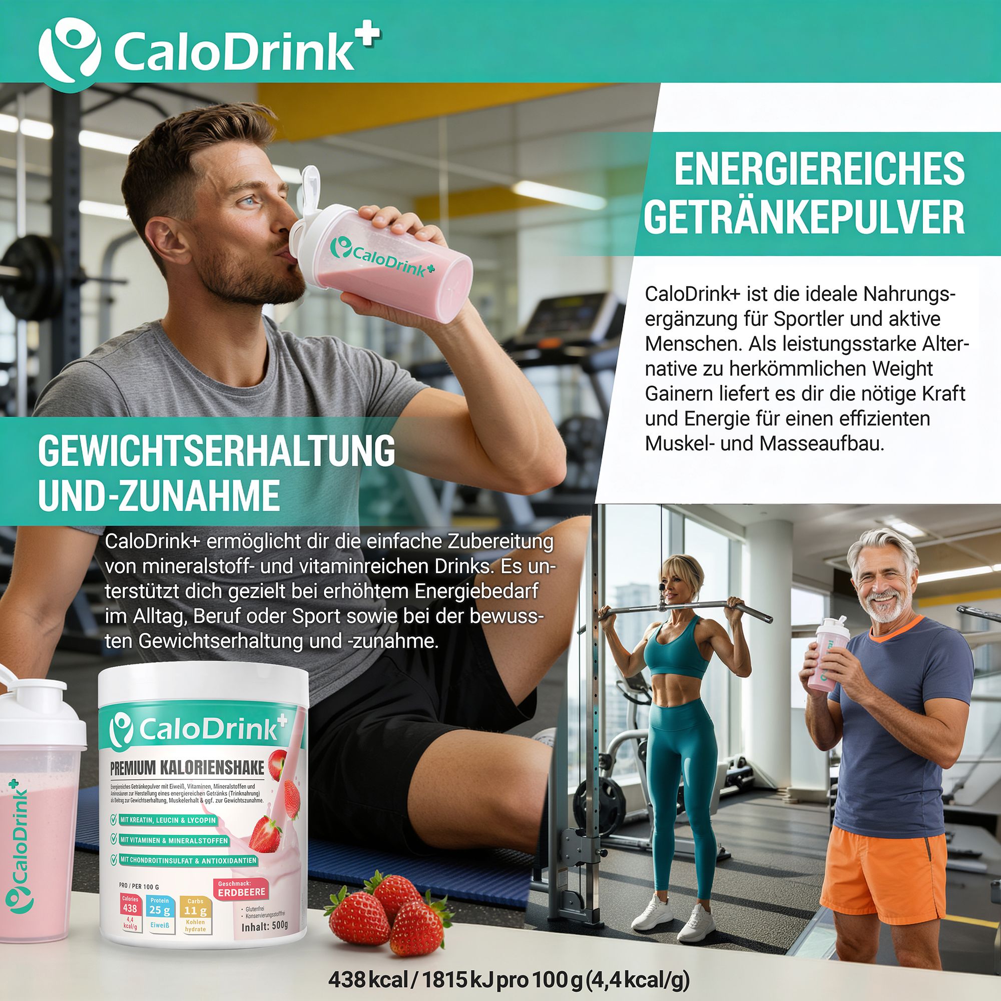 Ein Mann trinkt einen Shake in einem Fitnessstudio. Ein Behälter mit CaloDrink+ steht im Vordergrund. Text: Premium Kalorienshake.