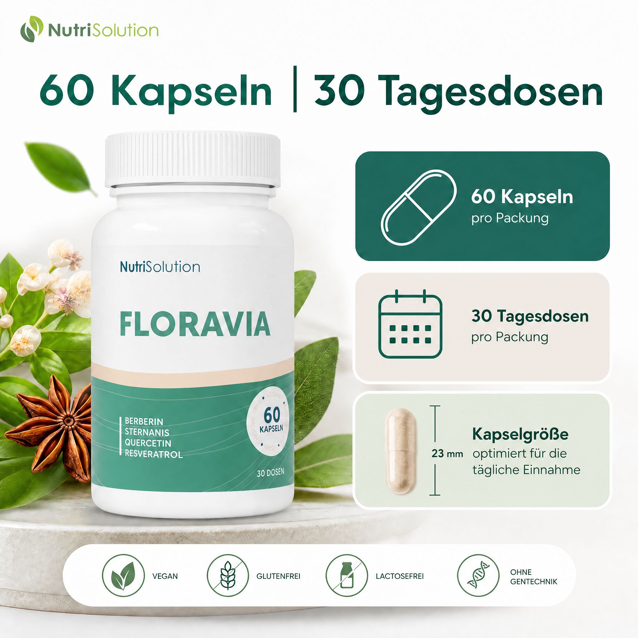 NutriSolution Floravia: 60 Kapseln, 30 Tagesdosen. Kapselgröße 23mm. Vegan, glutenfrei, laktosefrei.