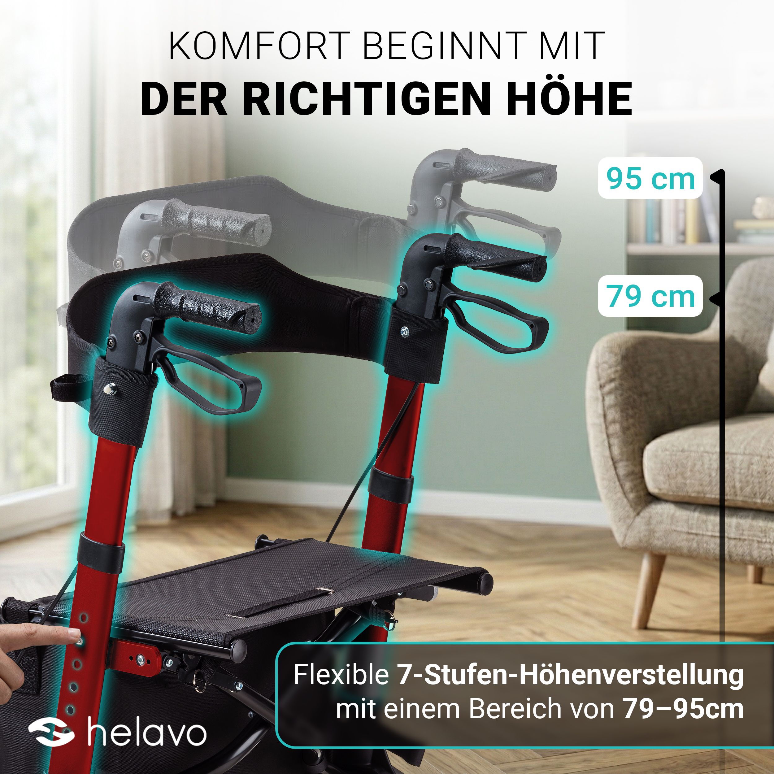 Helavo Rollator mit verstellbarer Höhe von 79-95cm. 7 Stufen.