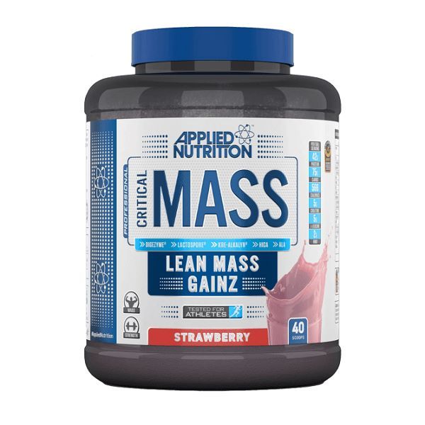 Dose Applied Nutrition Critical Mass, Erdbeergeschmack. Blaue Kappe, schwarzer Behälter. Aufschrift: Lean Mass Gainz. 40 Portionen.