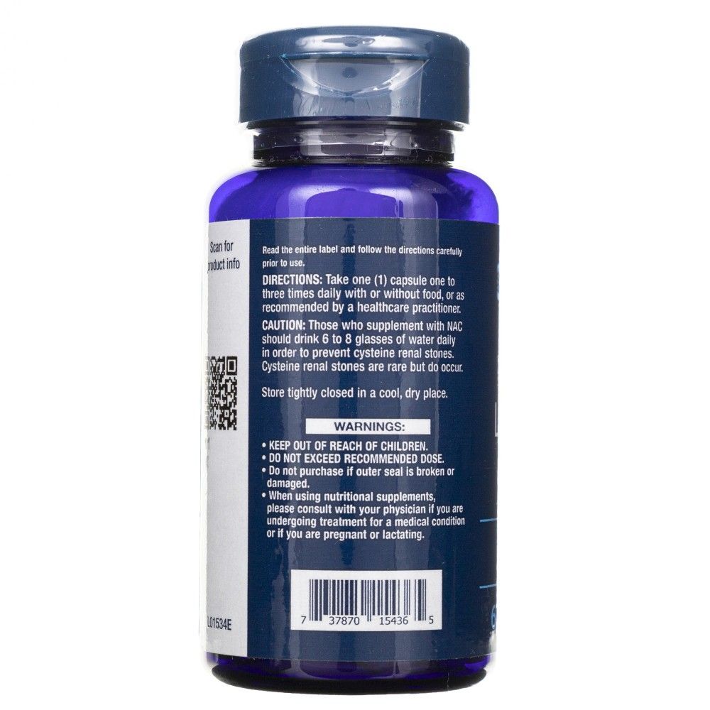 Rückseite des Life Extension N-Acetyl-L-Cystein (NAC) 600 mg Behälters mit Anweisungen und Warnhinweisen.