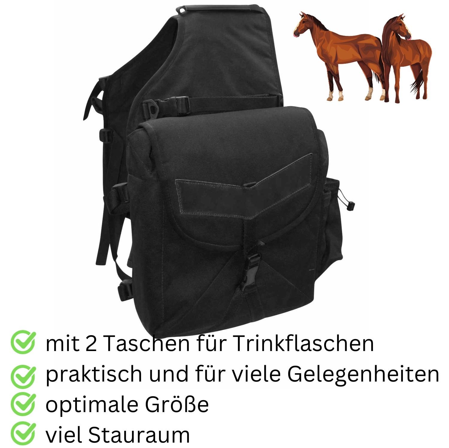 Schwarze Satteltasche mit zwei Taschen. Text: mit 2 Taschen für Trinkflaschen, praktisch und für viele Gelegenheiten, optimale Größe, viel Stauraum.