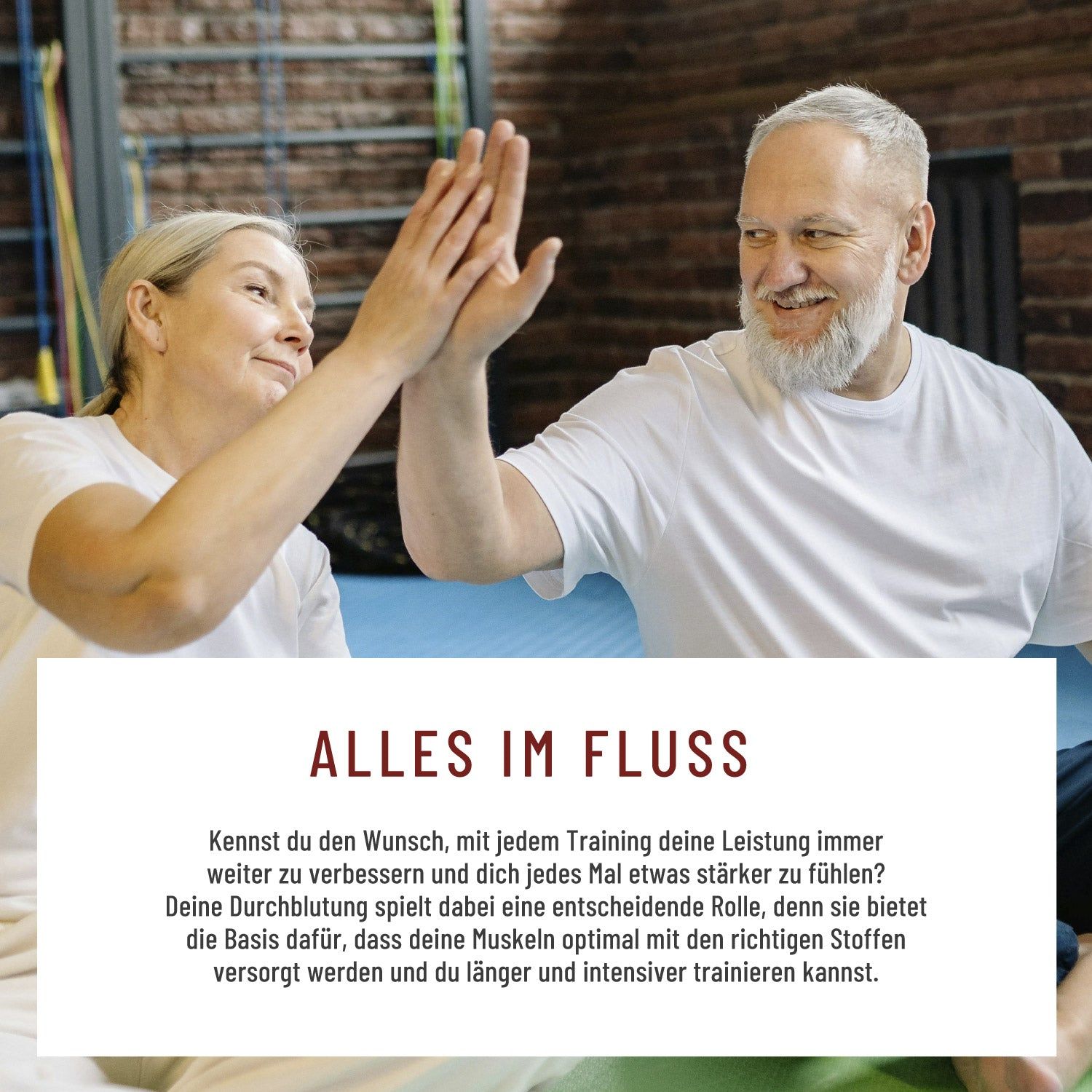 Zwei Personen geben sich High Five. Text: ALLES IM FLUSS. Text über die Bedeutung der Durchblutung für die Leistungssteigerung.
