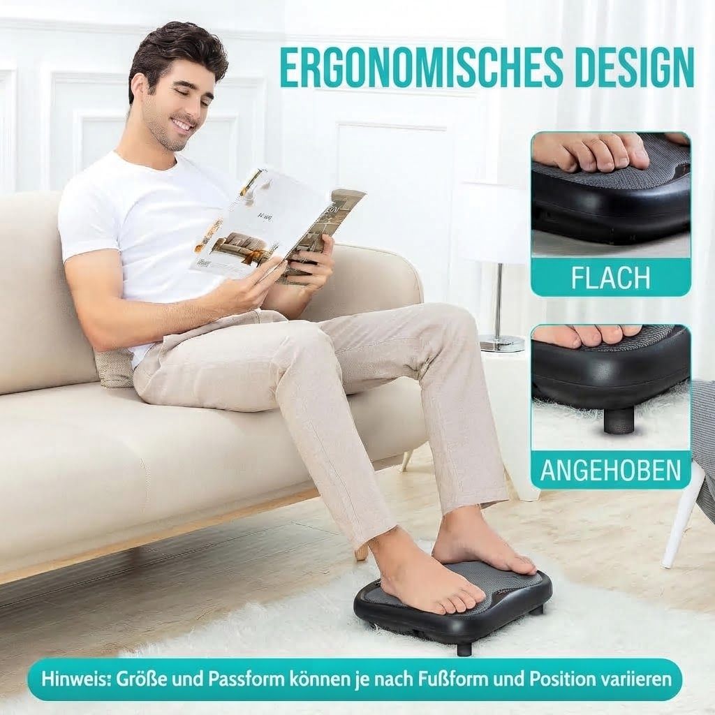 Mann sitzt auf einem Sofa und benutzt ein Fußmassagegerät mit ergonomischem Design.