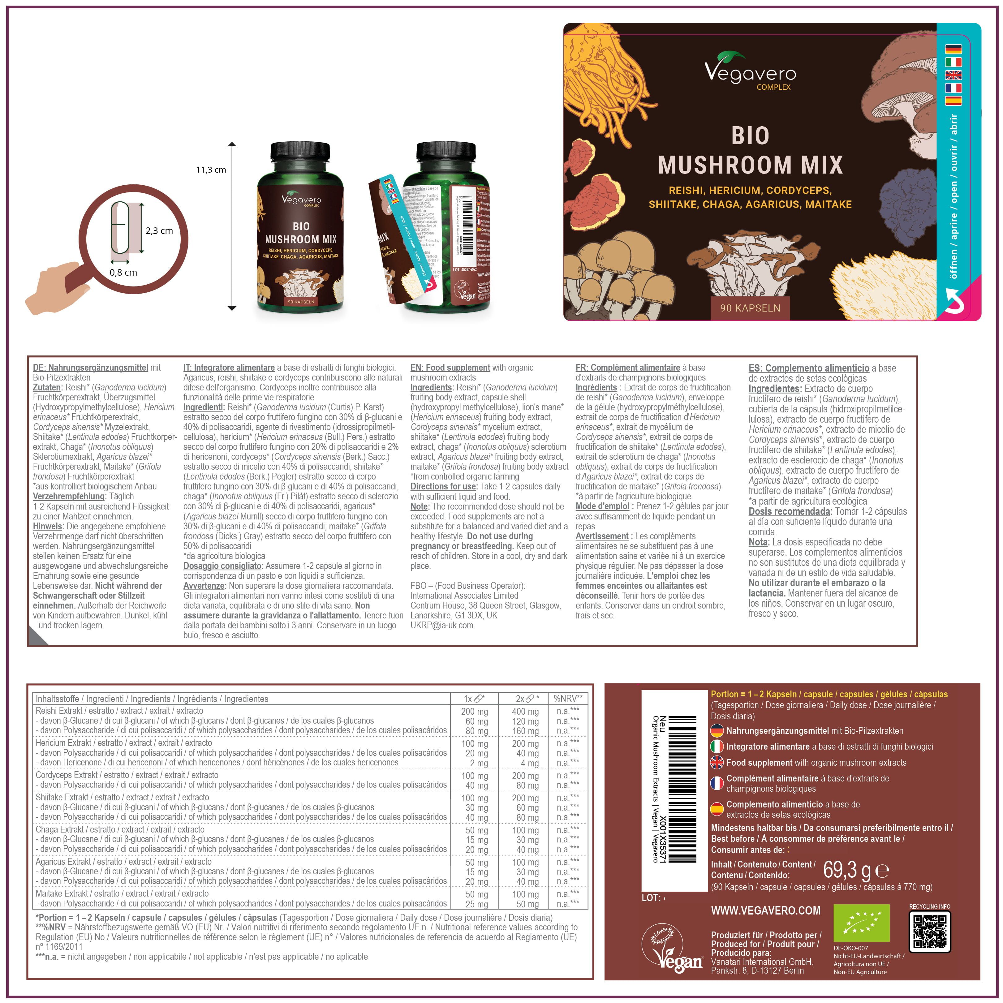 Mehrere Bilder mit Informationen zu Vegavaro BIO Mushroom Mix. Enthält Produktabbildungen, Inhaltsstoffe, Nährwertangaben und Zertifizierungen.