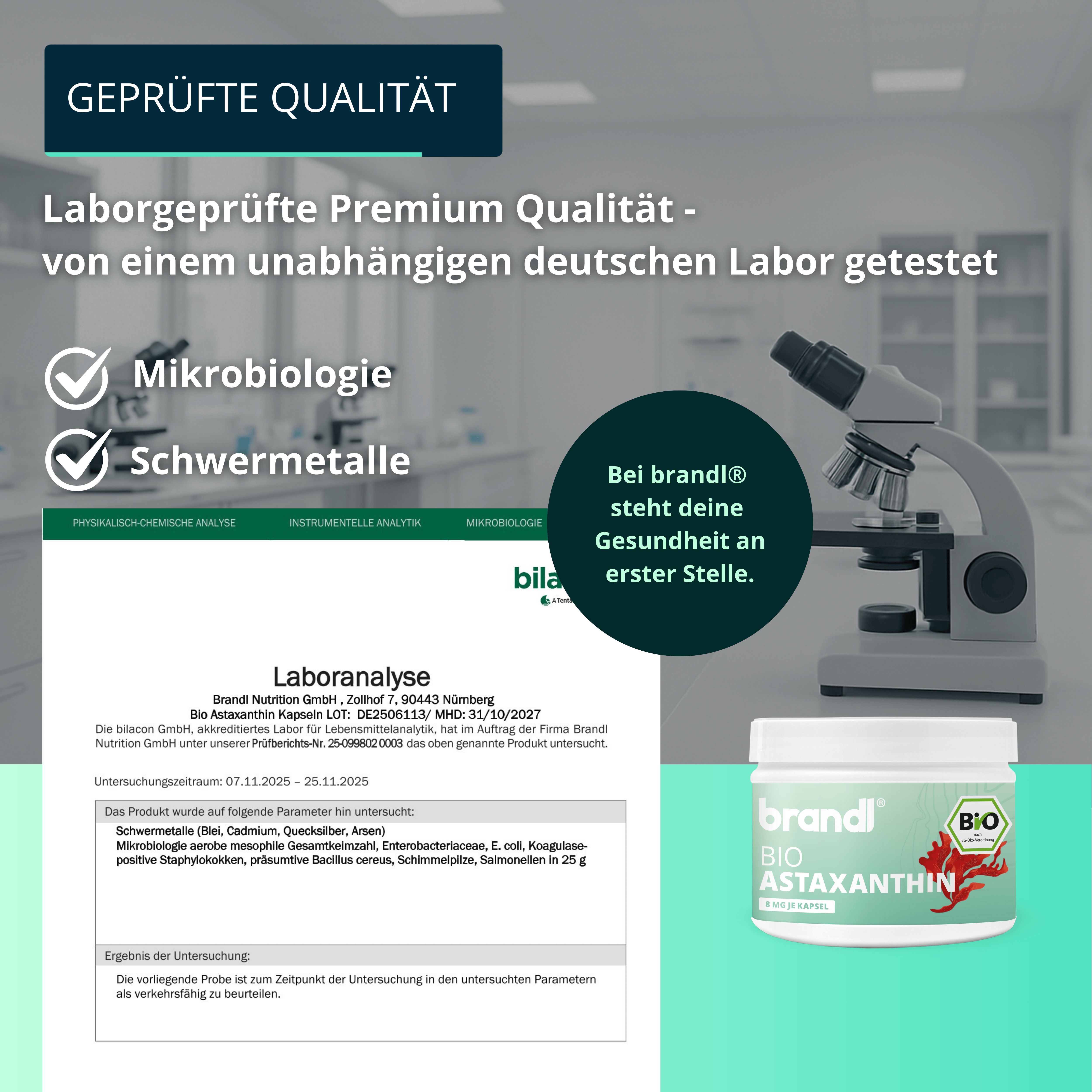 Laboranalyse mit Mikroskop und Produktglas. Text: brandl® BIO Astaxanthin. Analyse auf Mikrobiologie und Schwermetalle.