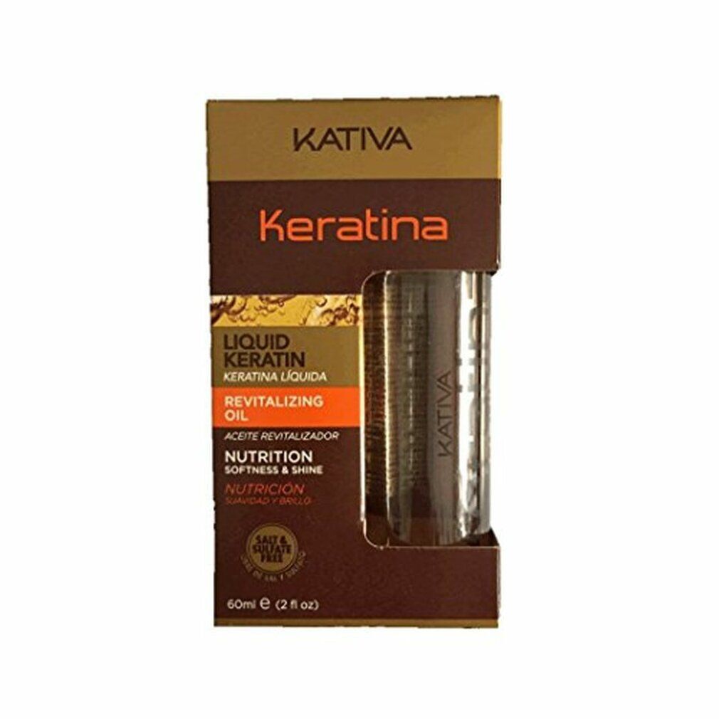 Produktverpackung. Aufschrift: Kativa Keratina Liquid Keratin Revitalizing Oil. 60 ml e (2 fl oz).