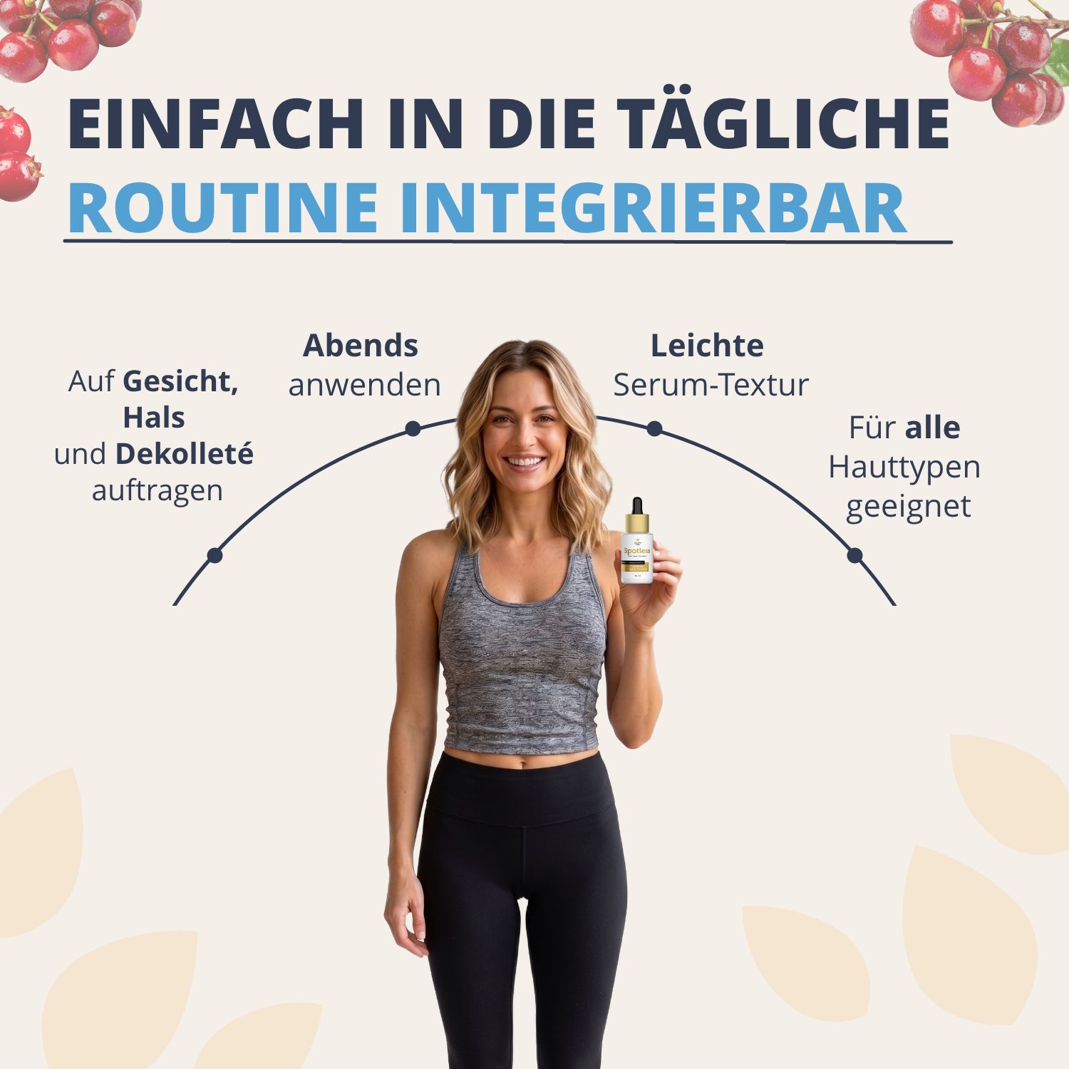 Frau mit Golden Tree Spotless Serumflasche, integriert in die tägliche Routine.