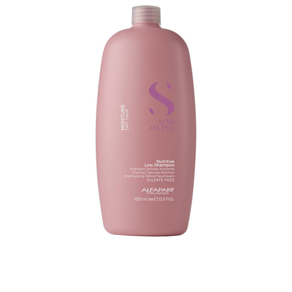 Große, ovale, rosafarbene Flasche mit ALFAAPARF Nutritive Low Shampoo Beschriftung. Sulfatfrei.