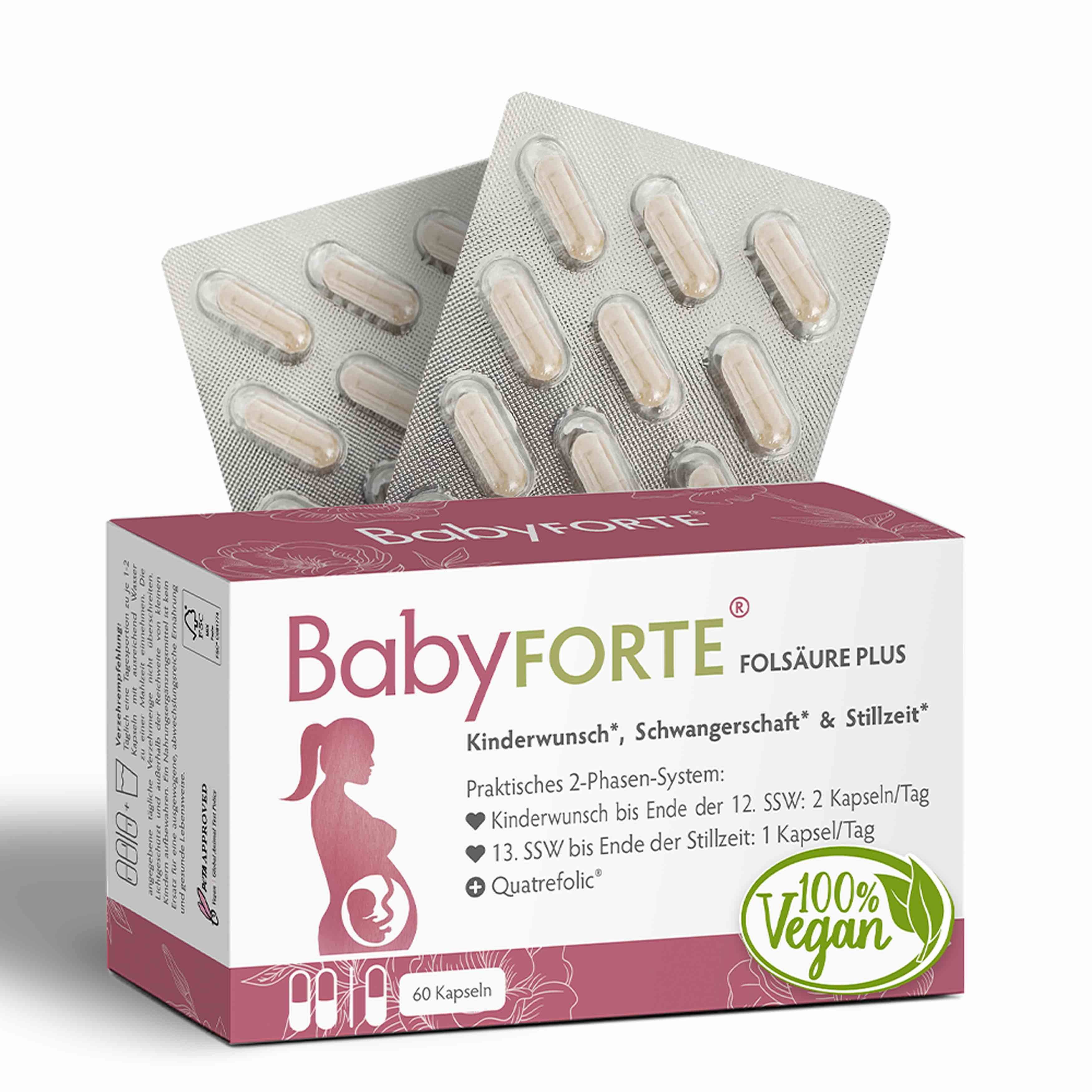BabyFORTE Folsäure Plus Packung. Kapseln in Blistern und Box. 100% Vegan. Für Kinderwunsch, Schwangerschaft & Stillzeit.