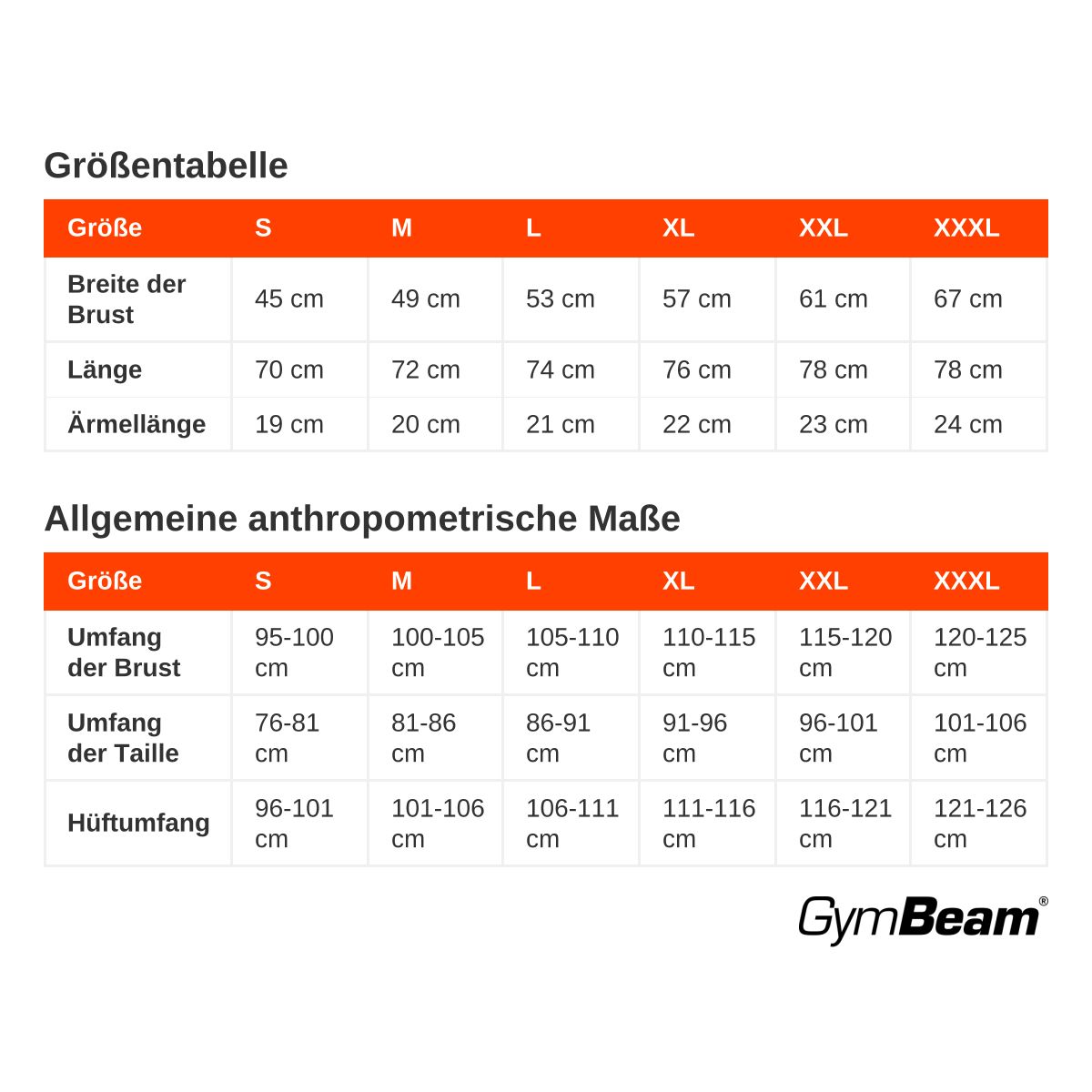 Größentabelle für Herren T-Shirts: Brustumfang, Länge, Ärmellänge.