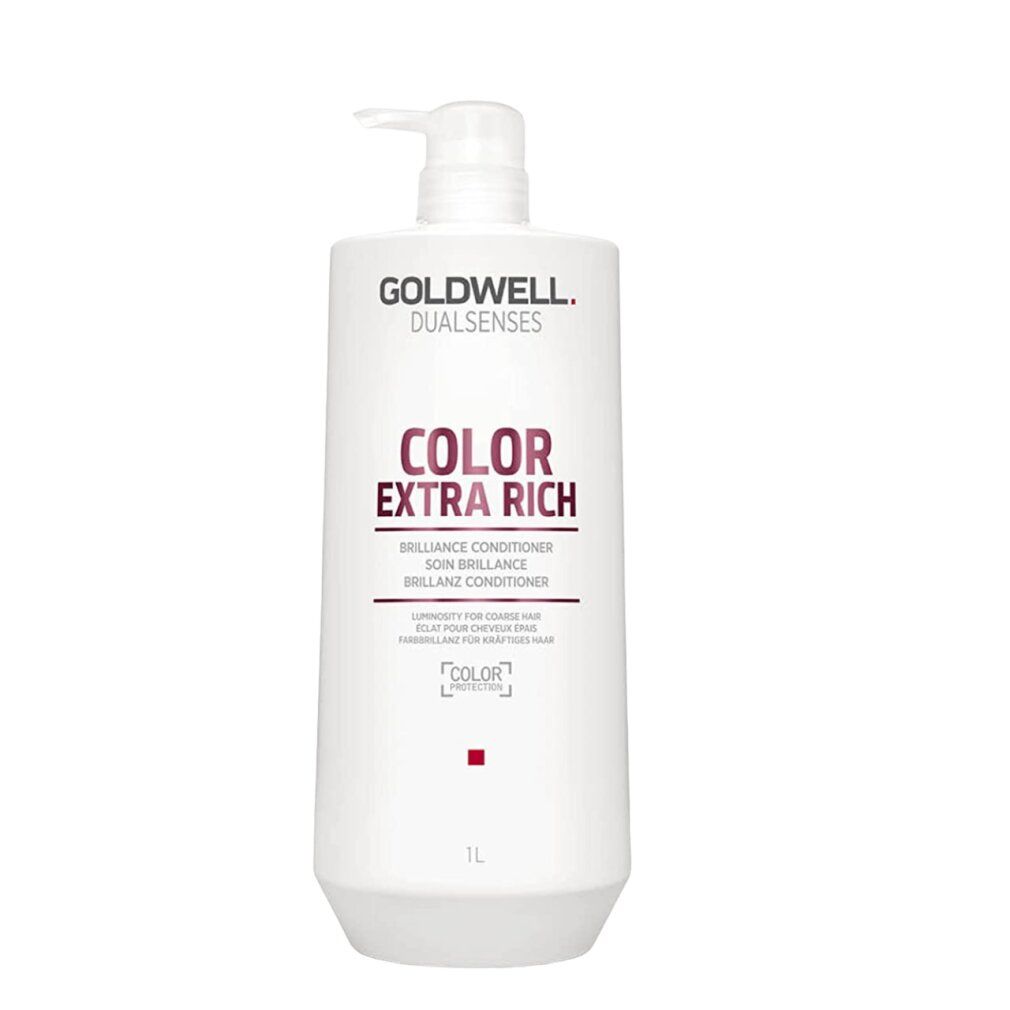 Goldwell Dualsenses Color Extra Rich Conditioner. Weiße Flasche mit Pumpe. Rosa Schriftzug: COLOR EXTRA RICH. 1L.