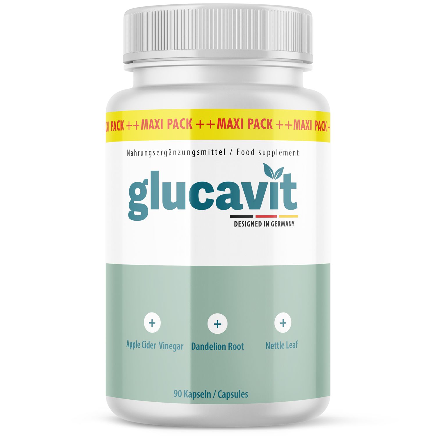 Weiße Flasche mit Glucavit Kapseln. Aufschrift: Glucavit, Nahrungsergänzungsmittel, 90 Kapseln. Zutaten: Apfelessig, Löwenzahnwurzel, Brennnessel.