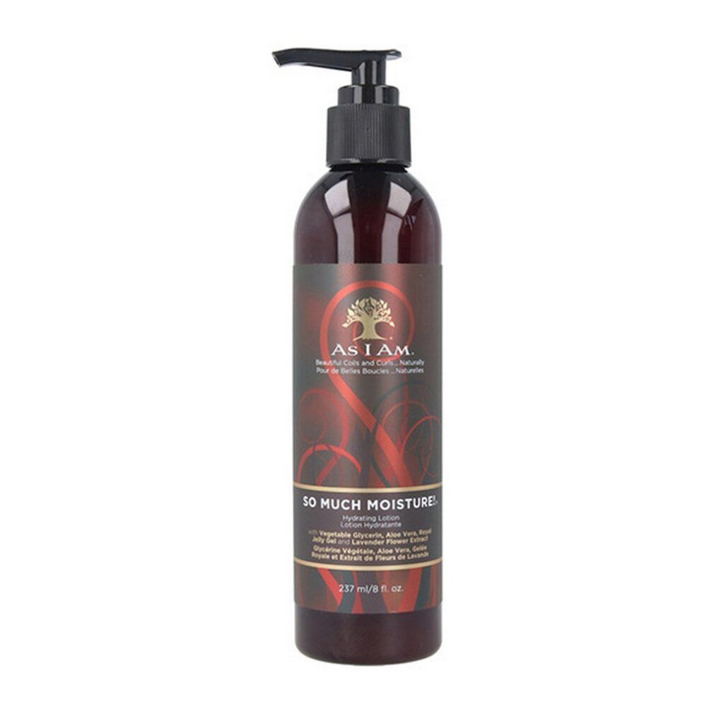As I Am So Much Moisture Hydrating Lotion mit Pumpspender. Dunkelbraune Flasche mit rotem Etikett.