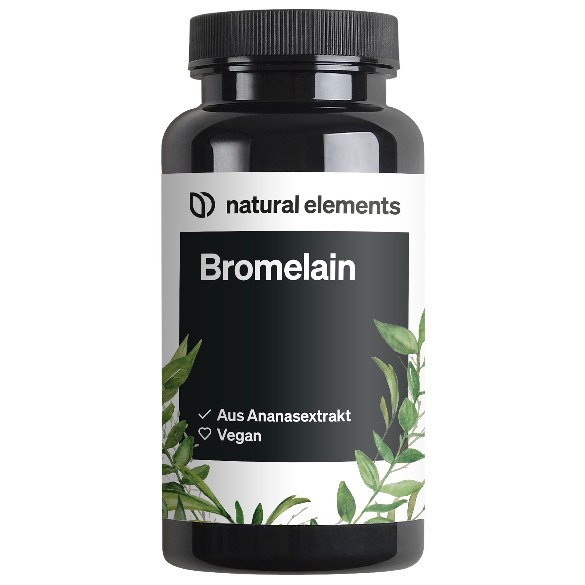 Schwarze Flasche mit Bromelain-Kapseln. Weißes Etikett mit Logo, Produktname und Informationen. Aus Ananasextrakt, vegan.