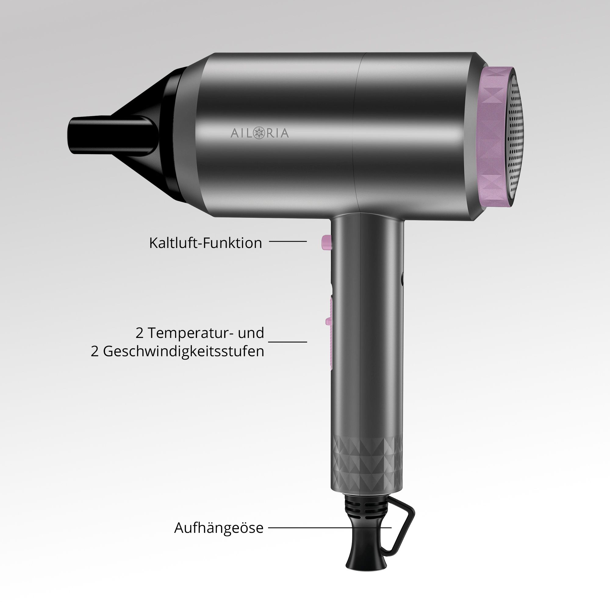 Haartrockner, grau-schwarz mit rosa Akzenten. AILORIA-Logo. Beschriftung: Kaltluft-Funktion, 2 Temperatur- und 2 Geschwindigkeitsstufen. Aufhängeöse.