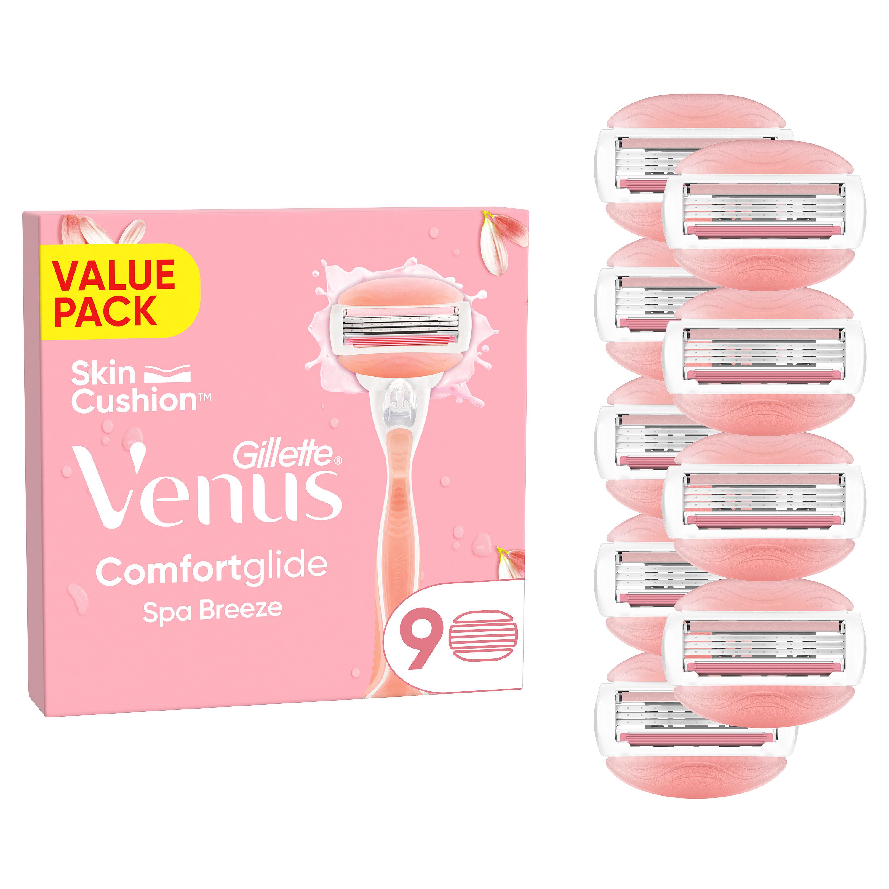 Packung Rasierklingen "ComfortGlide Spa Breeze" und Rasierklingen. Rosa Verpackung mit Produktnamen und 9 Klingen.