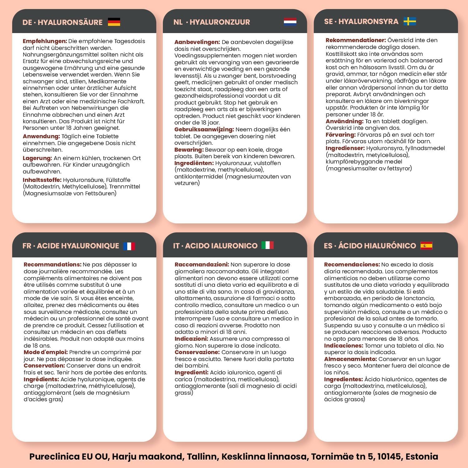 Sechs Textblöcke in verschiedenen Sprachen. Informationen zu Hyaluronsäure-Ergänzungen. Enthält Empfehlungen, Inhaltsstoffe und Vorsichtsmaßnahmen.