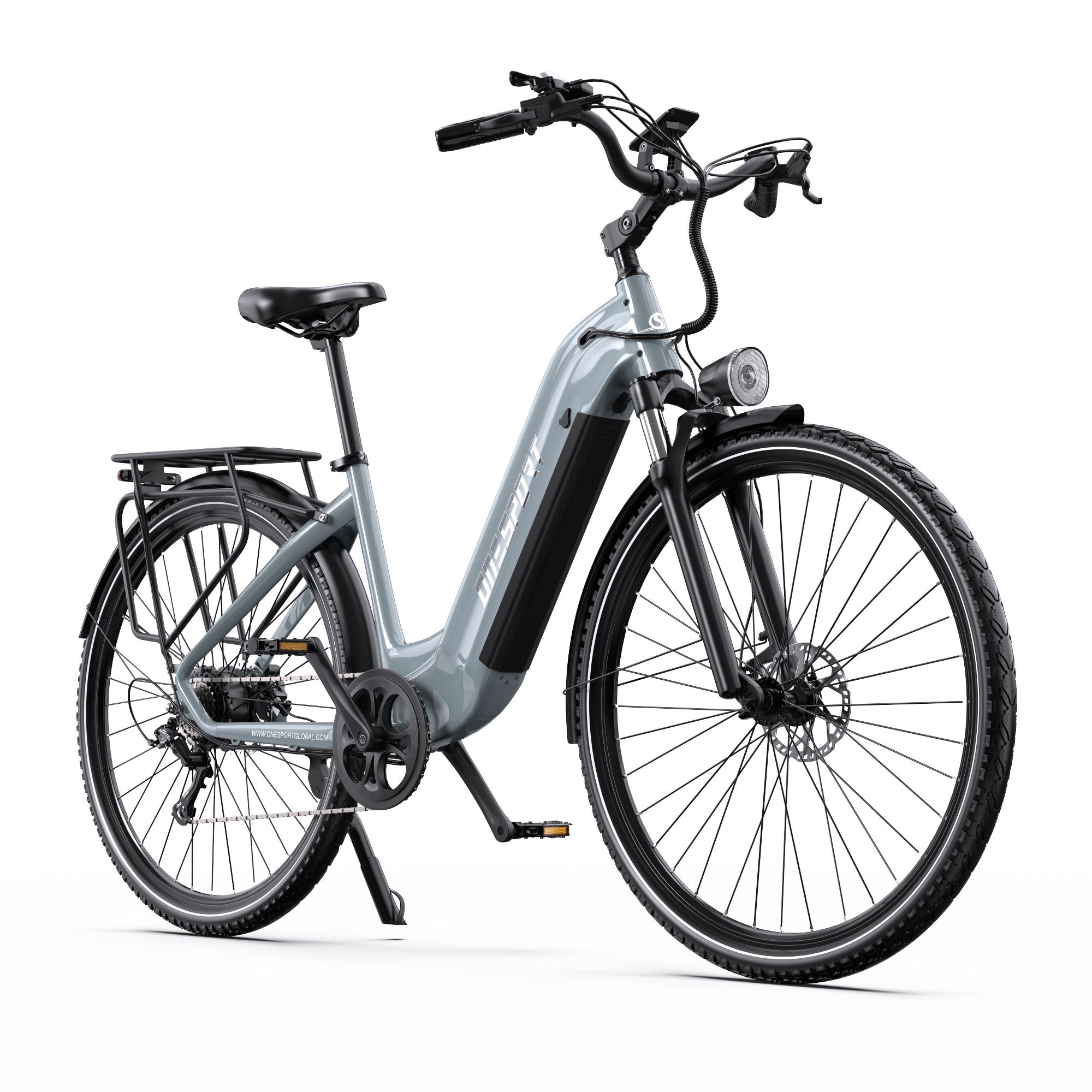 Graues Elektrofahrrad mit schwarzen Reifen und Gepäckträger. Marke: Onesport.