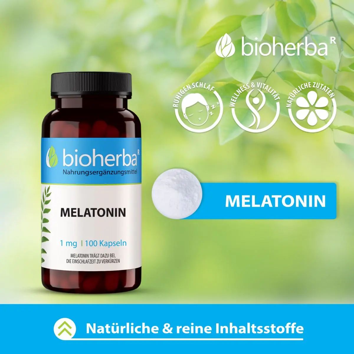 Braune Flasche mit schwarzen Deckel. Etikett mit "bioherba" und "Melatonin". 100 Kapseln. Hintergrund: Blätter.