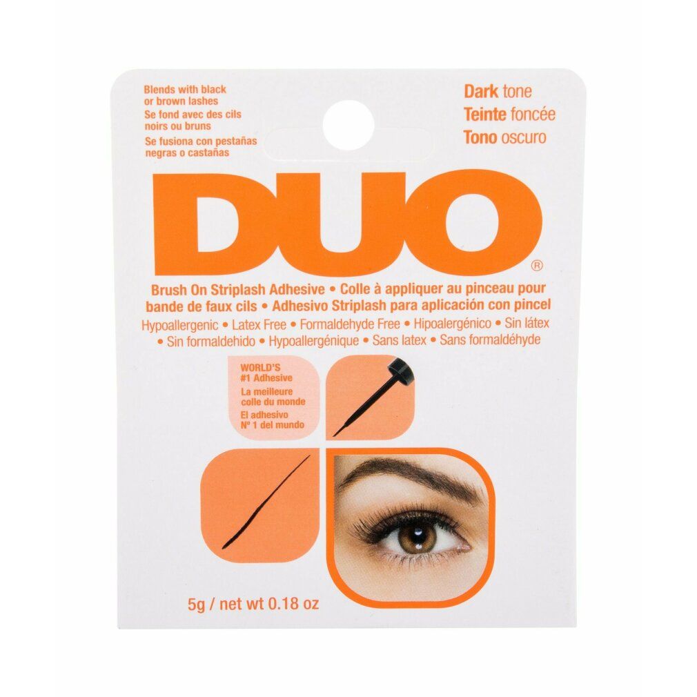 Verpackung mit DUO Wimpernkleber. Dunkler Farbton. Enthält 5g. Text in Englisch, Französisch, Spanisch. Hypoallergen, Latex- und Formaldehydfrei.
