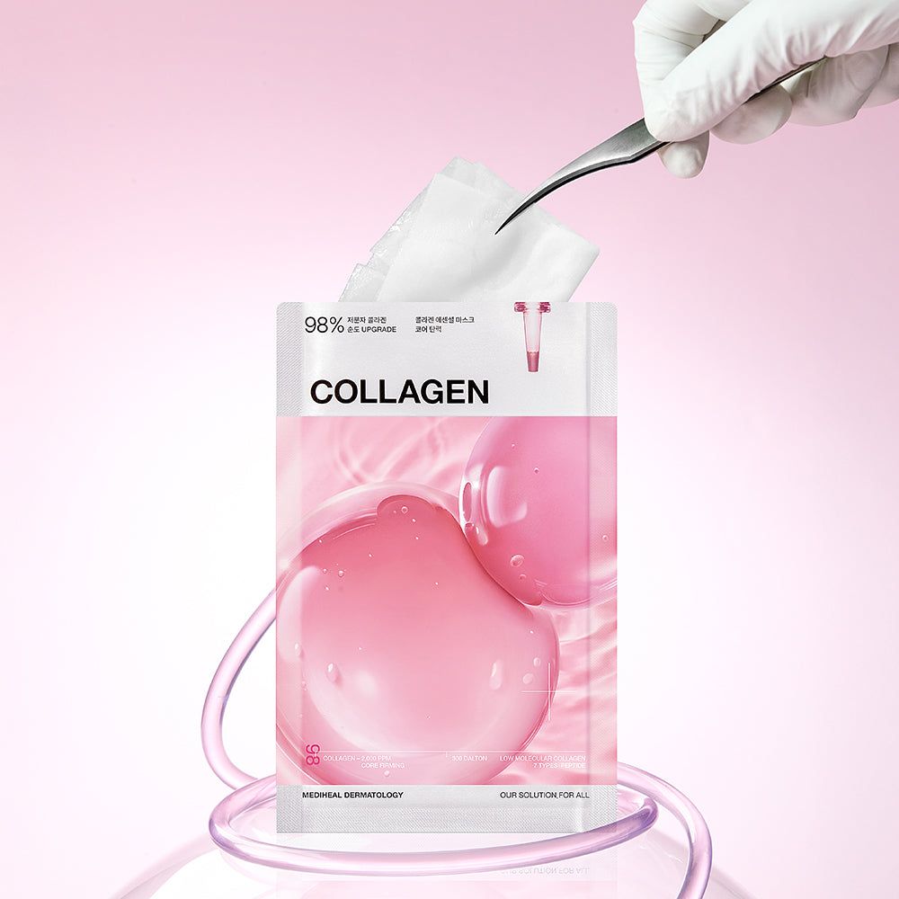 MEDIHEAL Collagen Essential Tuchmaske. Maske wird mit Pinzette aus der Verpackung entnommen.
