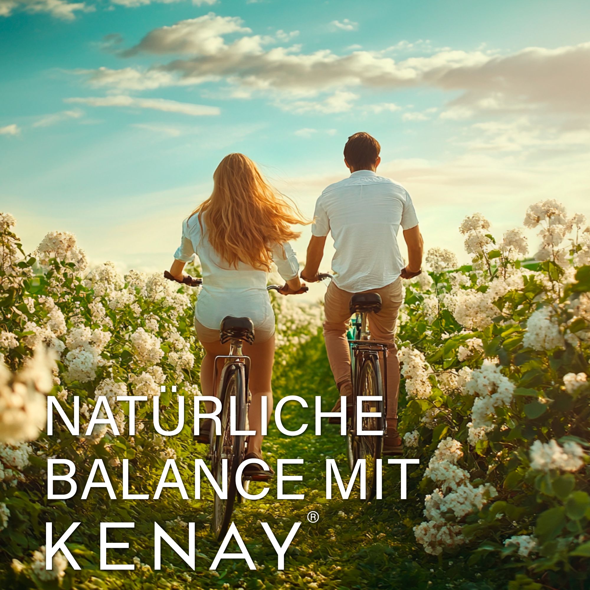 Paar fährt Fahrrad durch Blumenfeld. Text: Natürliche Balance mit KENAY®.