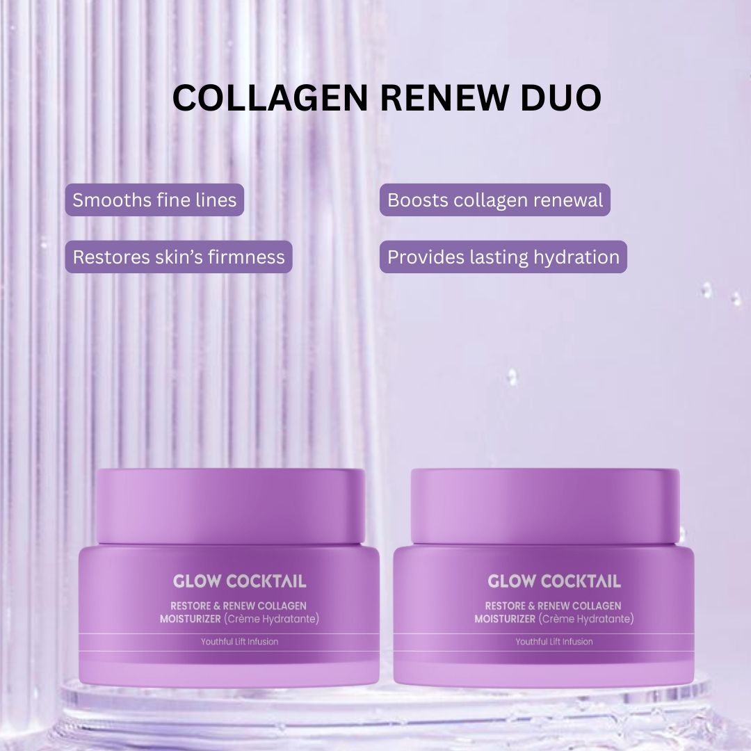 Zwei lila Tiegel mit Deckel. Aufschrift: Glow Cocktail, Restore & Renew Collagen Moisturizer. Text: Collagen Renew Duo.