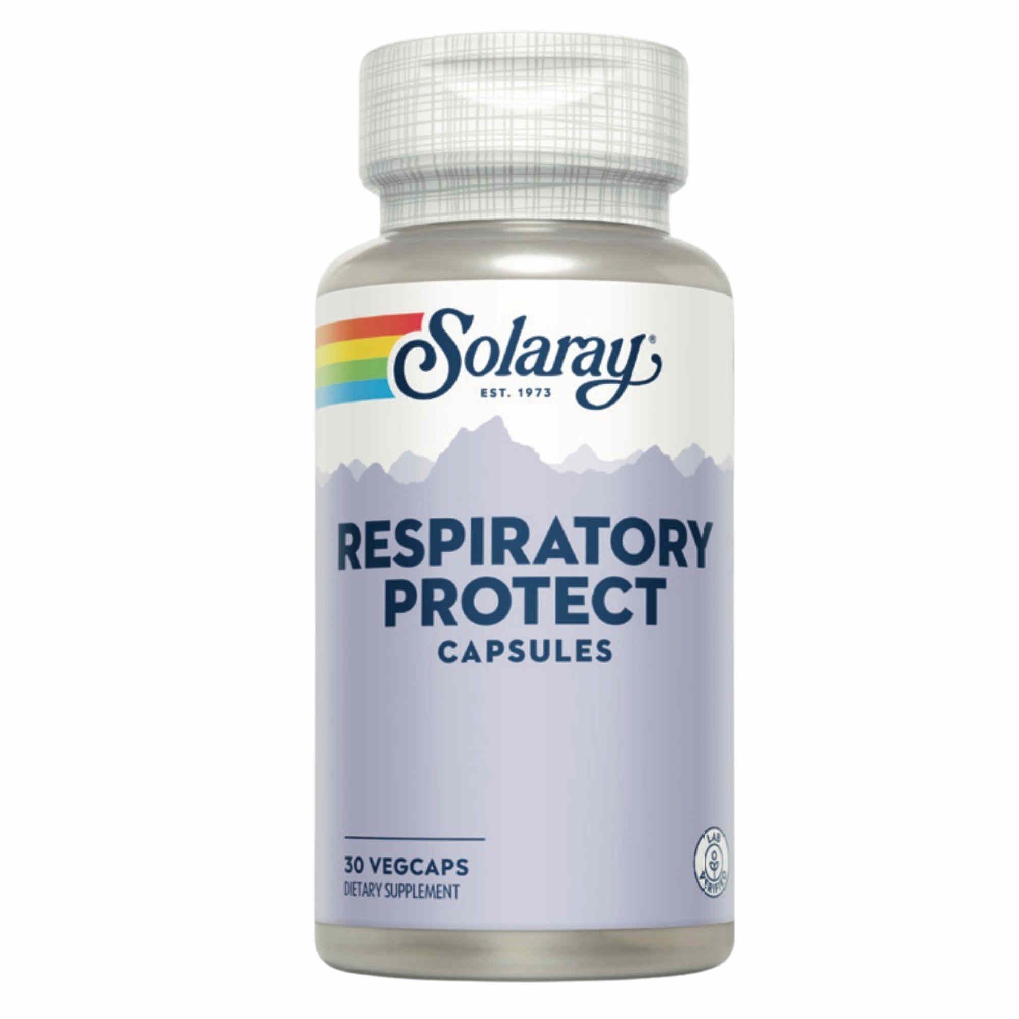 Solaray Respiratory Protect Kapseln. Flasche mit 30 Kapseln. Weißer Deckel, blau-graue Beschriftung. 30 Vegcaps, Nahrungsergänzungsmittel.