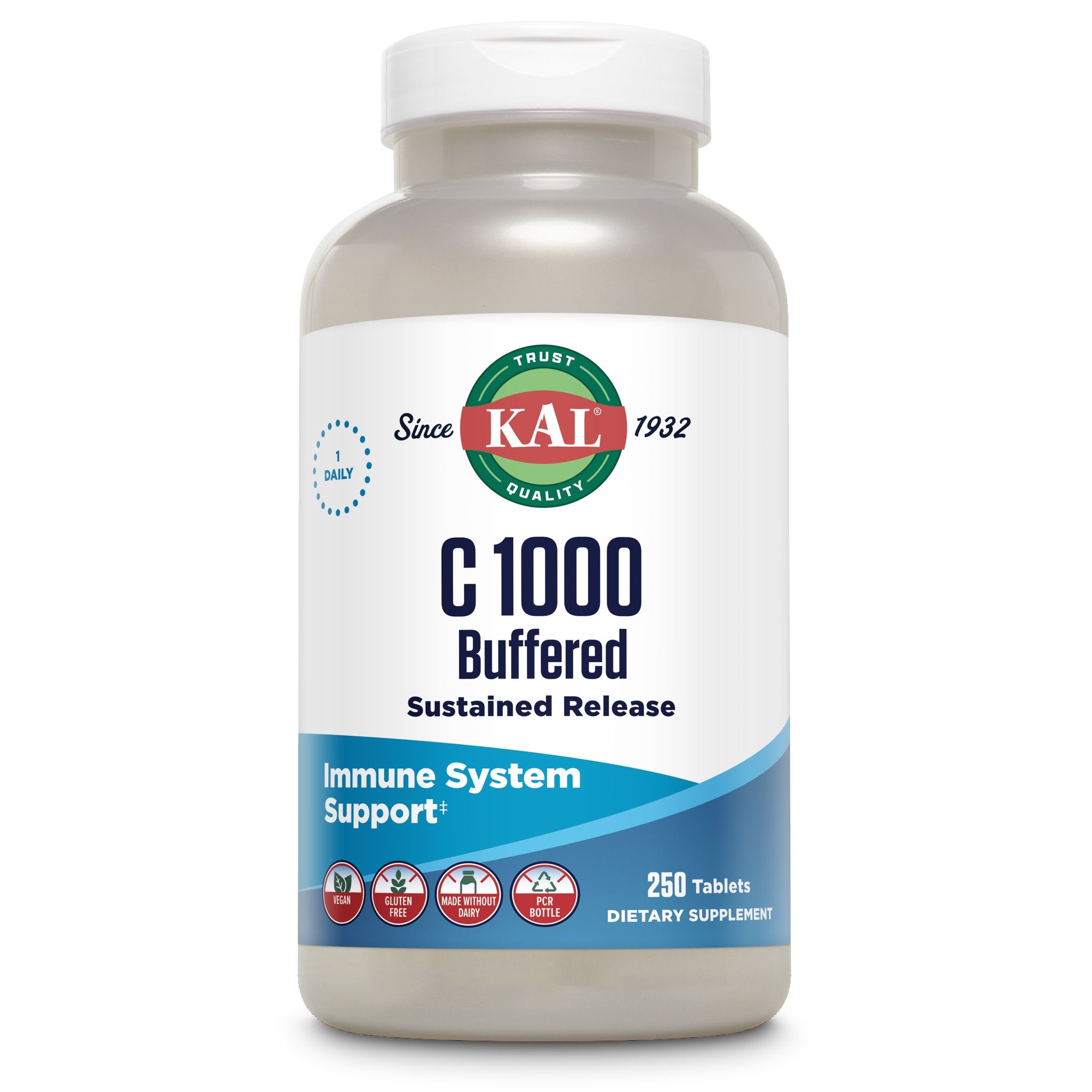 Eine Flasche KAL C 1000 Buffered. Aufschrift: C 1000 Buffered, Sustained Release, Immune System Support, 250 Tabletten.