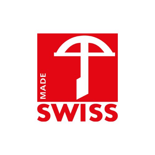 Rotes Quadrat mit weißem Logo: Made Swiss. Text: MADE SWISS.