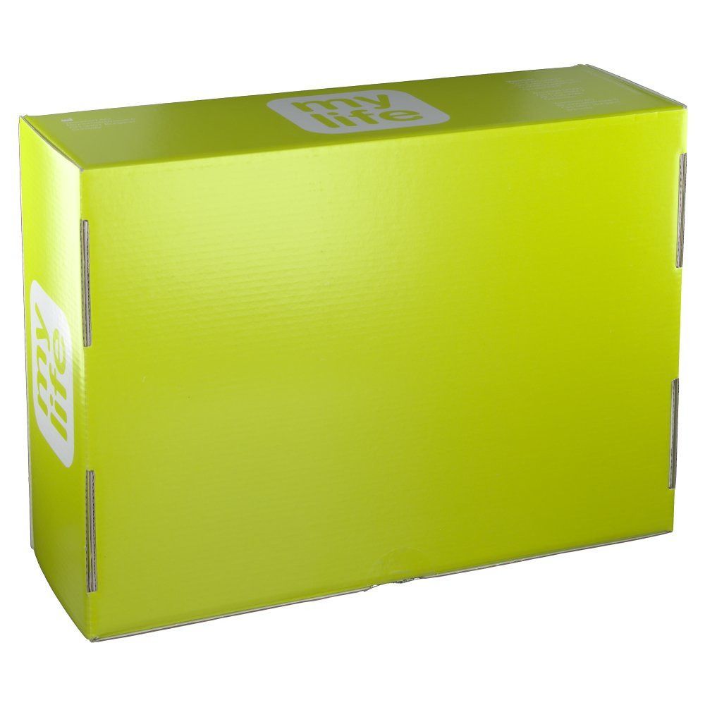 Grüne Verpackung des mylife Versorgungspaket. Aufschrift: mylife. YPSOMED-Logo. Seitenansicht.