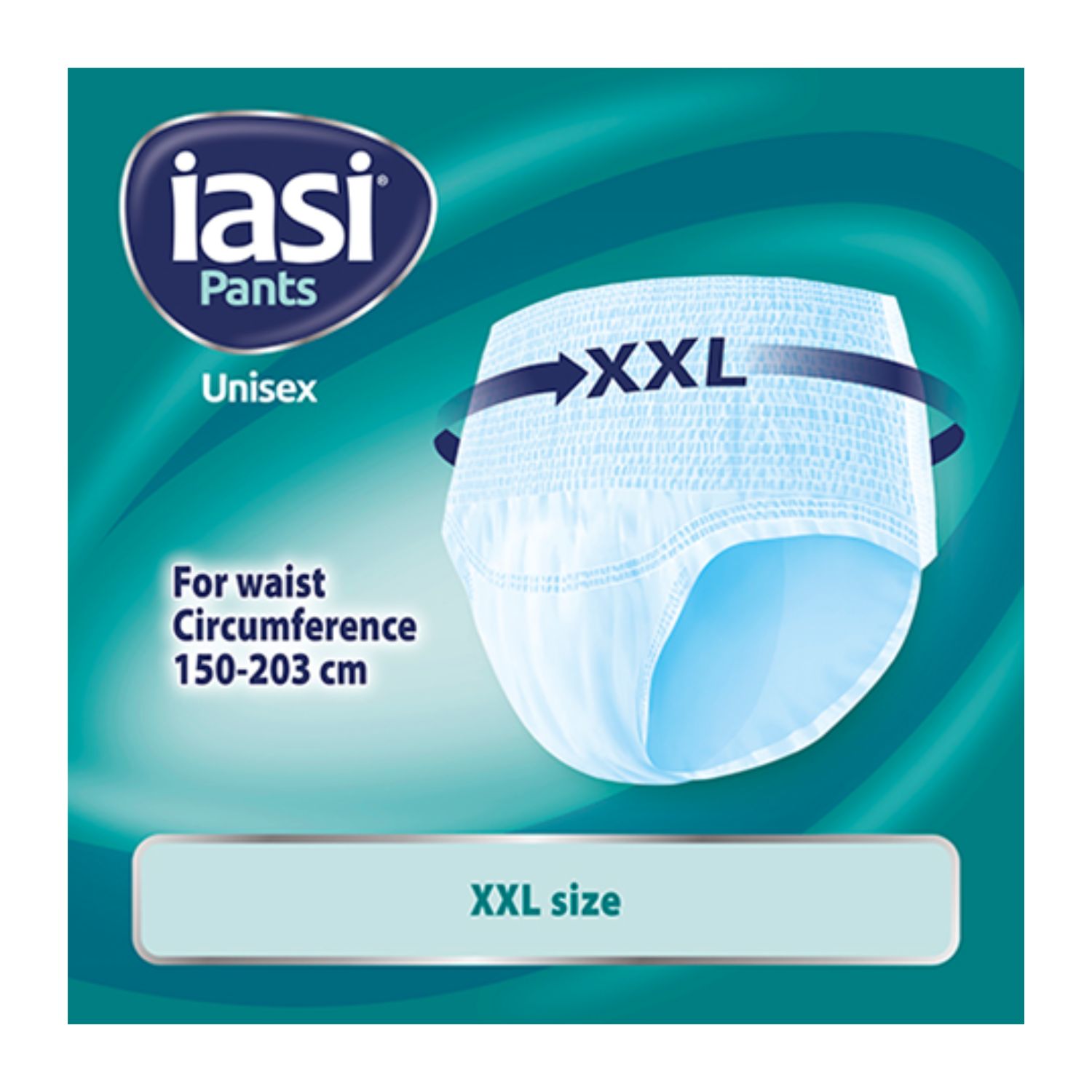 Verpackung IASI Pants Unisex, Größe XXL. Türkis-weiß. Aufdruck: IASI, Pants, Unisex, XXL, für Taillenumfang 150-203 cm.