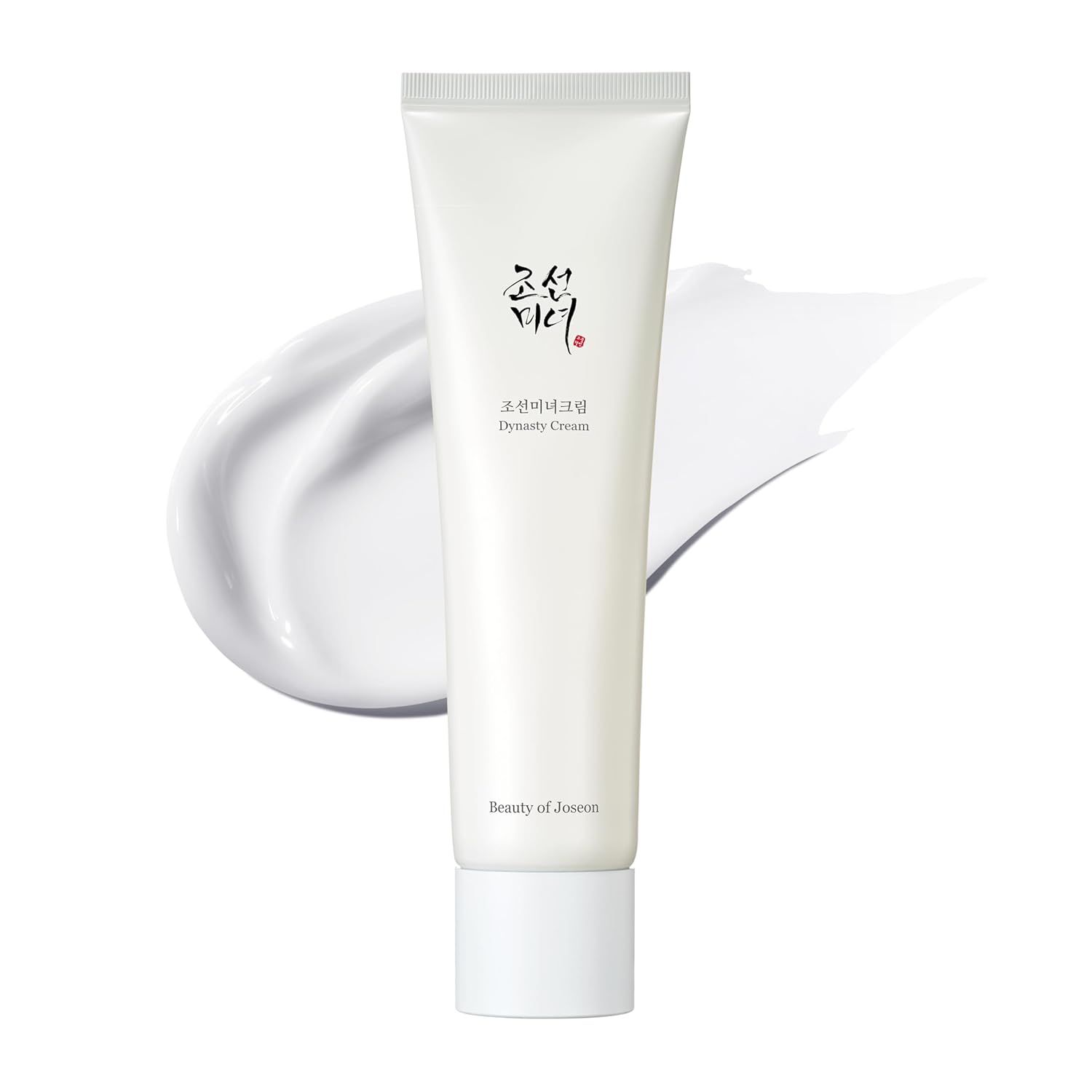 Weiße Tube Dynasty Cream, mit Creme-Ausstrich. Text in Koreanisch und Englisch.
