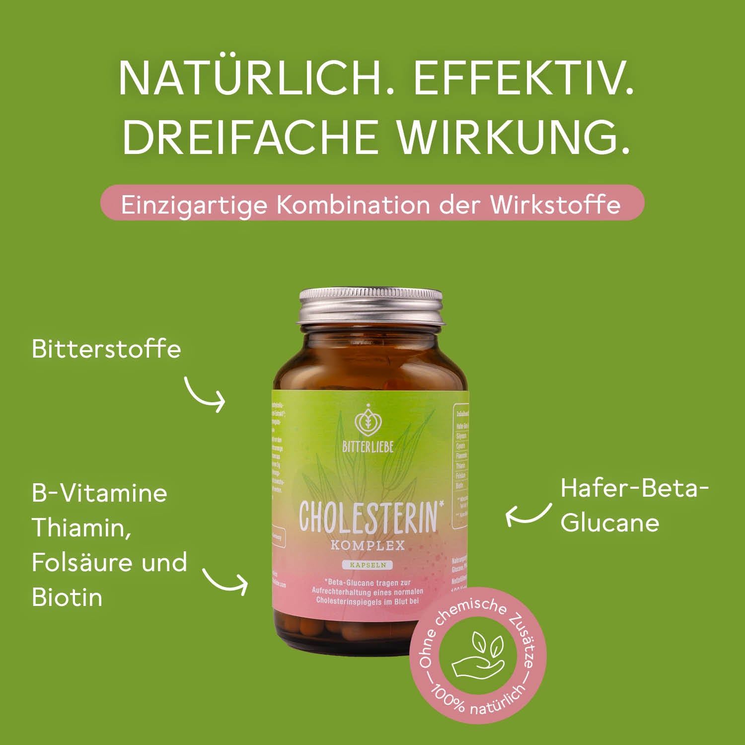 Braune Glasflasche mit BitterLiebe Cholesterin Komplex Kapseln. Aufschrift: Cholesterin Komplex. Enthält Bitterstoffe, B-Vitamine und Hafer-Beta-Glucane.