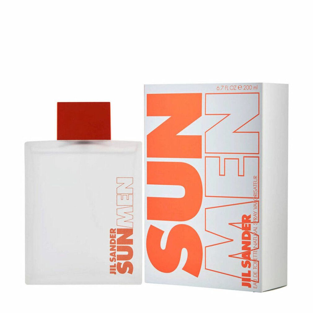 Jil Sander Sun Men Flakon und Verpackung. Flakon rechteckig, mattiert. Verpackung weiß mit orangefarbenem SUN MEN-Schriftzug.