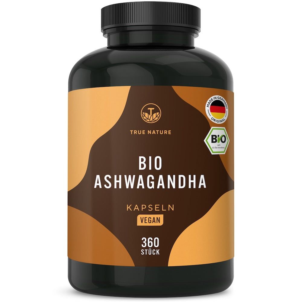 Dunkler Behälter mit braunem Etikett, das BIO Ashwagandha Kapseln zeigt. Enthält 360 Stück.