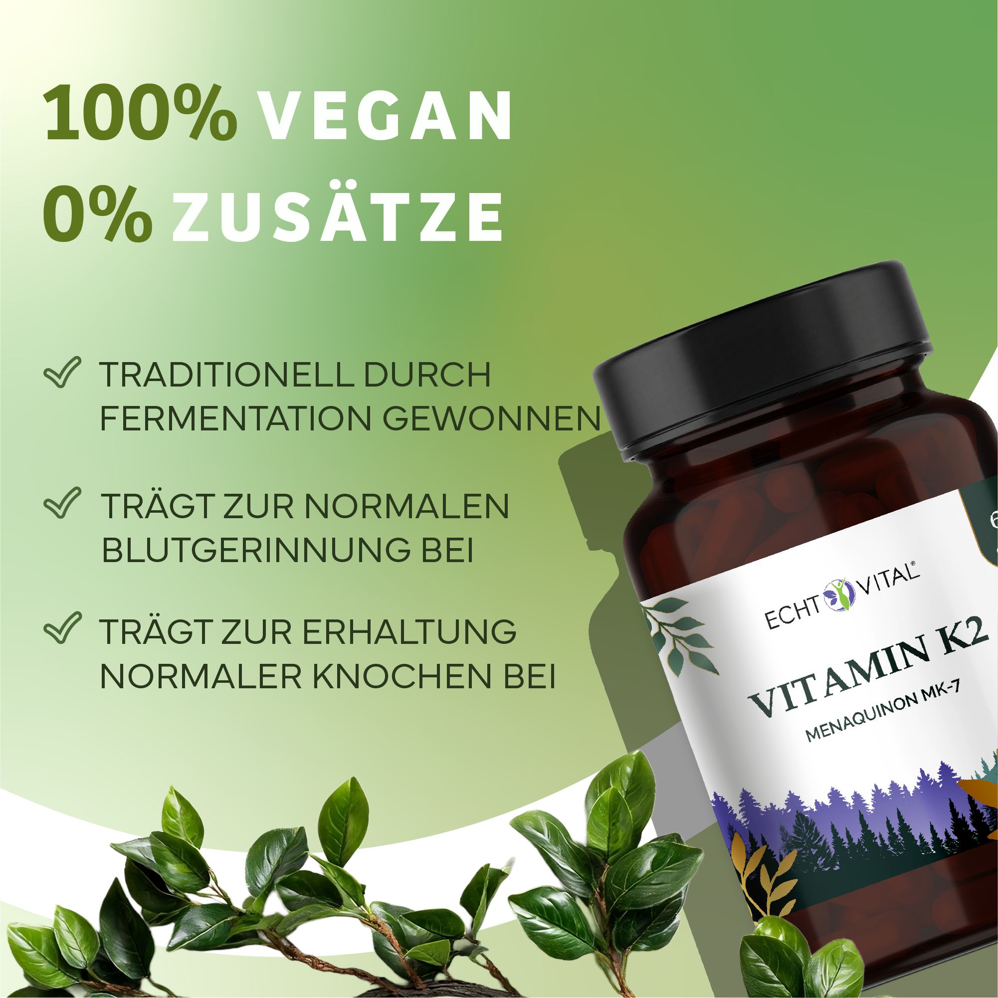 Braune Glasflasche mit schwarzem Deckel. Aufschrift: Echt Vital Vitamin K2. Grün-weiße Etikett mit Produktinformationen. Hintergrund mit Blättern.