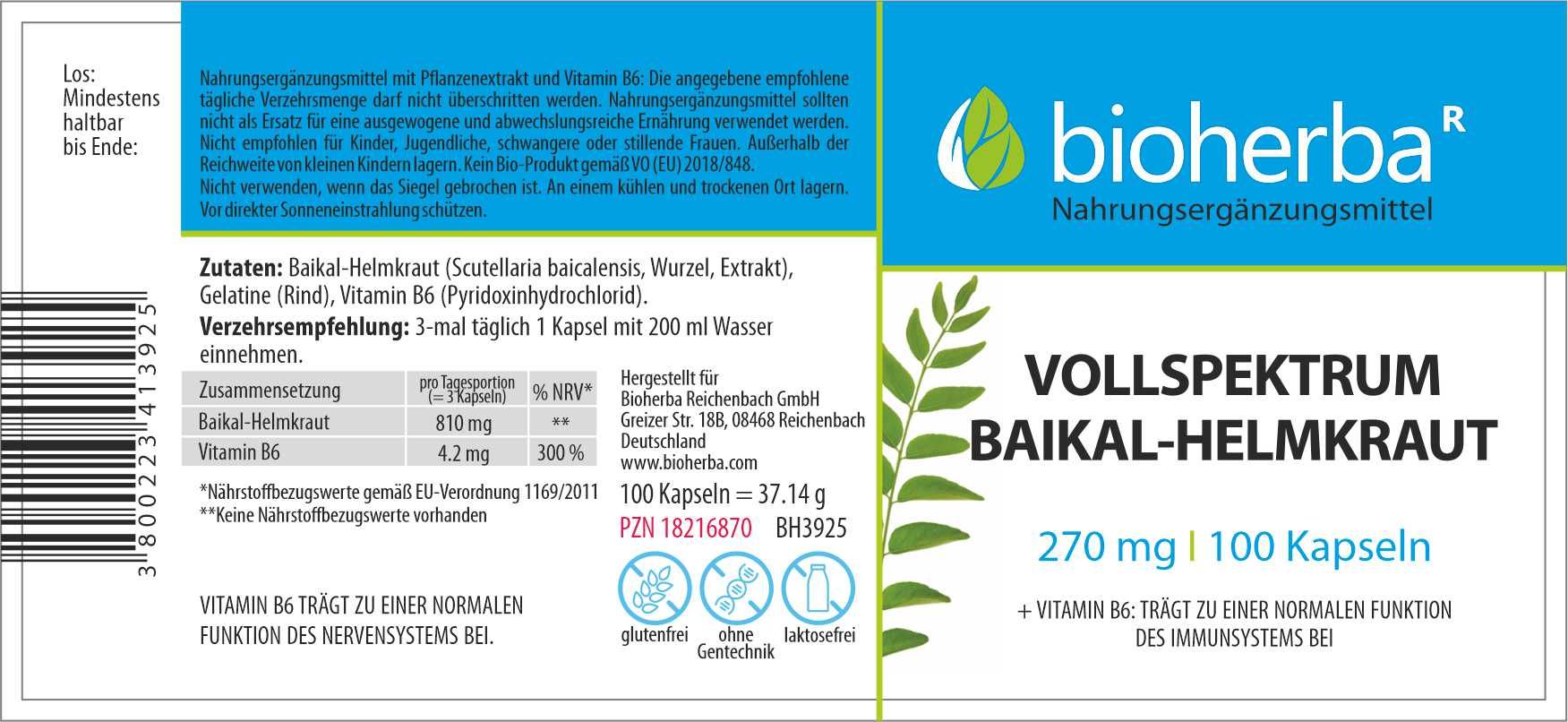Etikett mit Produktinformationen. Enthält Text: Bioherba, Vollspektrum Baikal-Helmkraut, 270 mg, 100 Kapseln. Enthält auch Inhaltsstoffe.