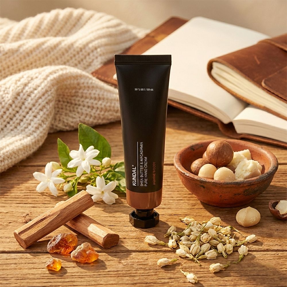 Schwarze Tube Handcreme mit braunem Boden. Aufschrift: KUNDAL Shea Butter & Macadamia Pure Hand Cream. Auf Holz, Blüten, Nüsse und Notizbuch.