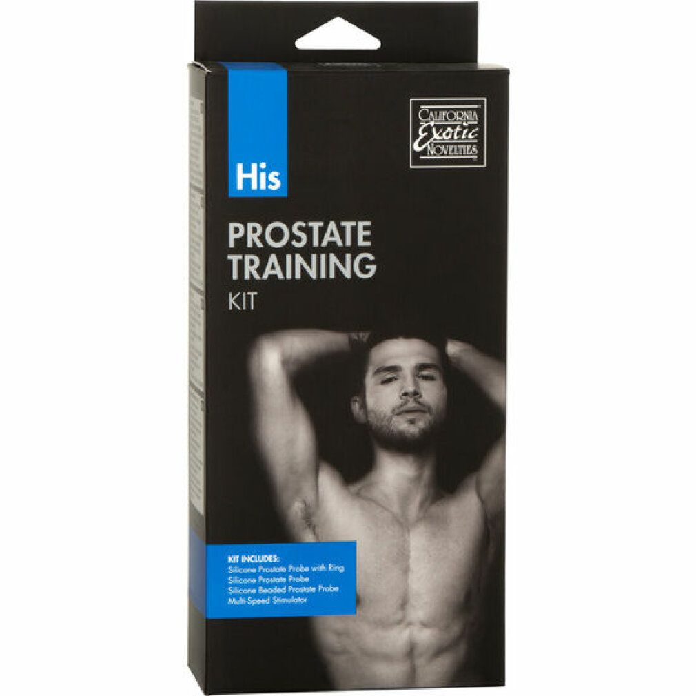 Schwarze Verpackung mit Produkt-Set. Aufschrift: His Prostate Training Kit. Marke: California Exotic Novelties. Abgebildet: Mann. Enthält: Zubehör.