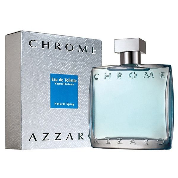 Flakon und Verpackung. Flakon mit hellblauer Flüssigkeit. Verpackung: weiß mit blauem Muster, "CHROME" und "AZZARO".