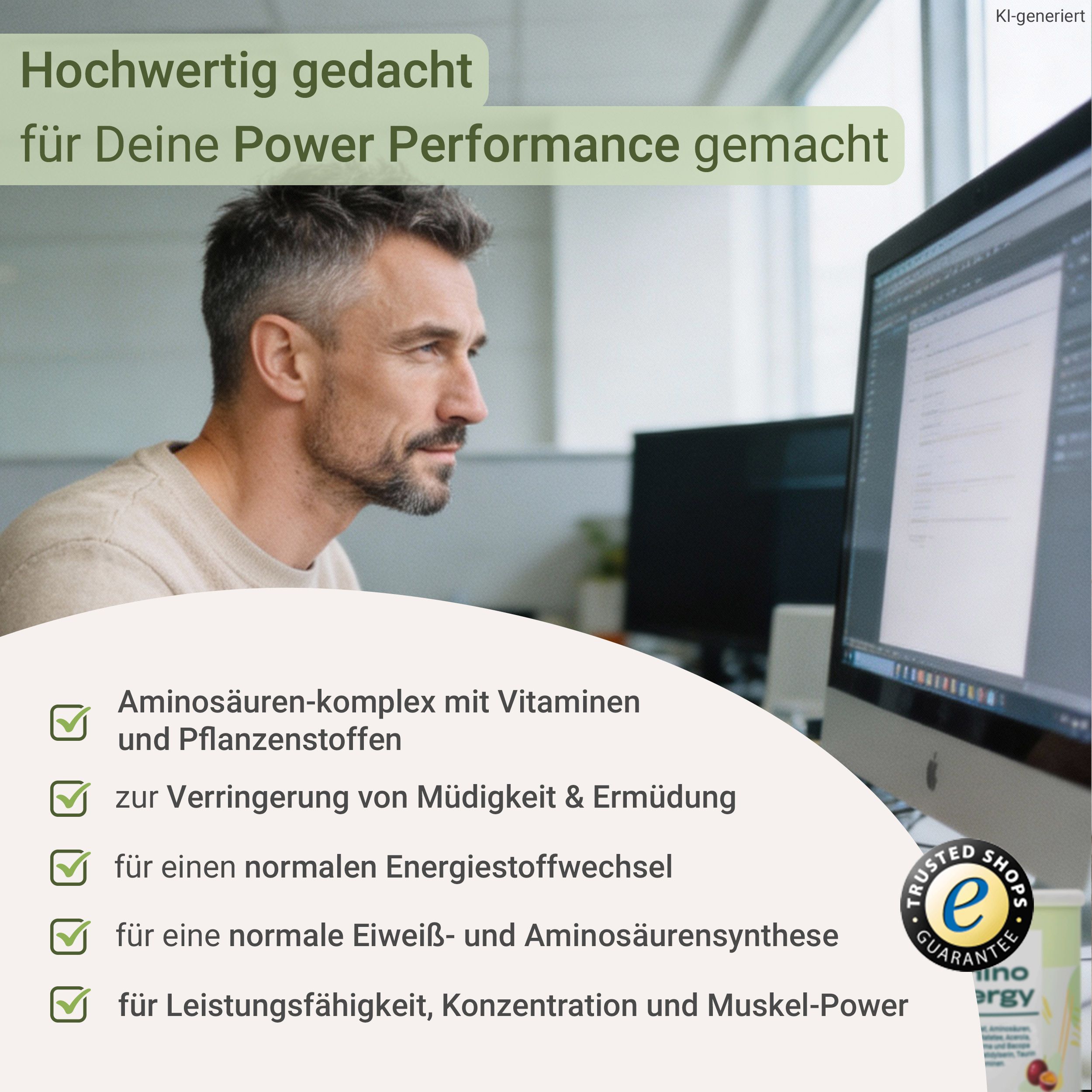 Mann am Schreibtisch vor Computer, daneben Liste mit Vorteilen und Dose 'amino energy'.