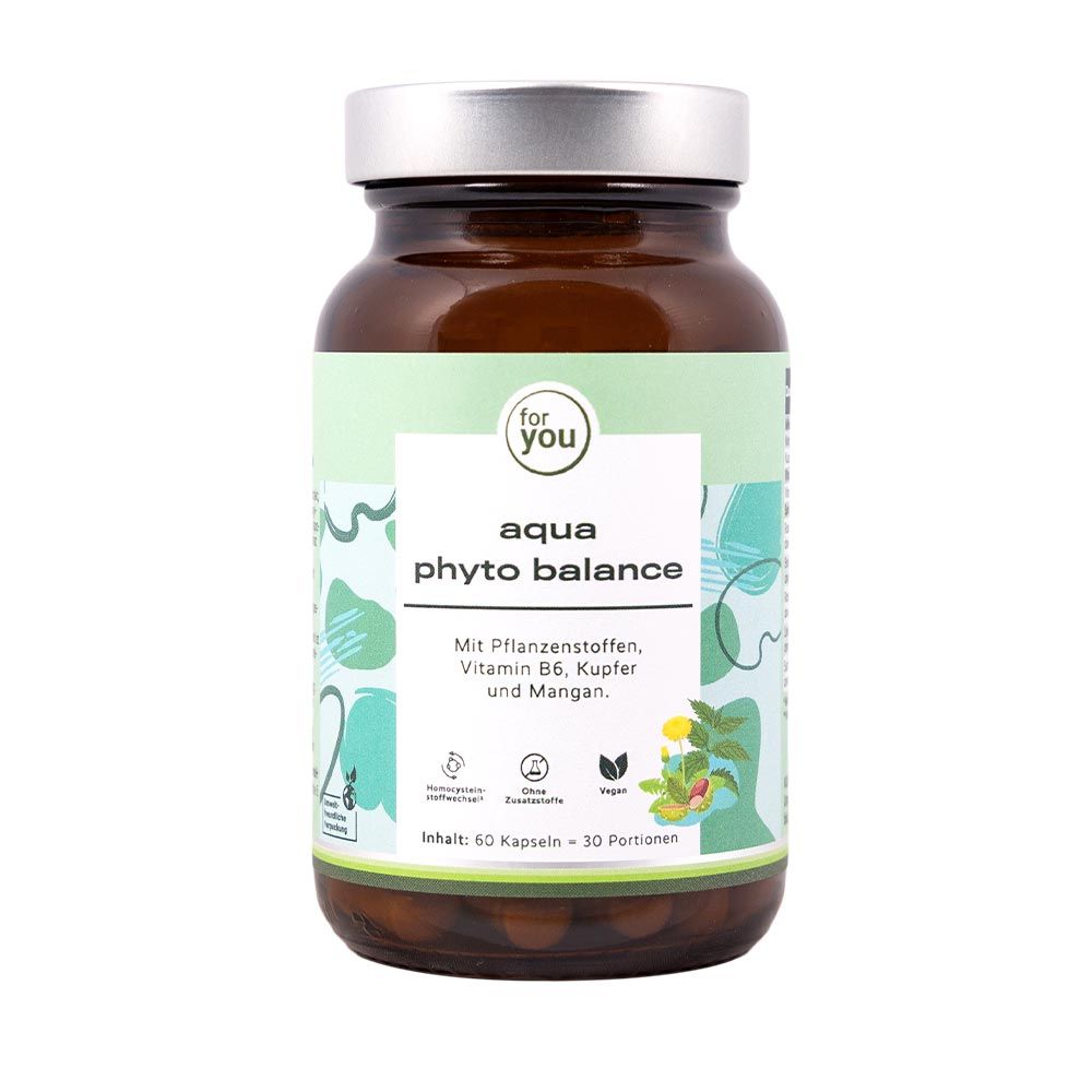 Braune Glasflasche mit silbernem Deckel. Etikett mit Produktnamen und Inhaltsstoffen. Enthält 60 Kapseln. Vegan-Siegel.