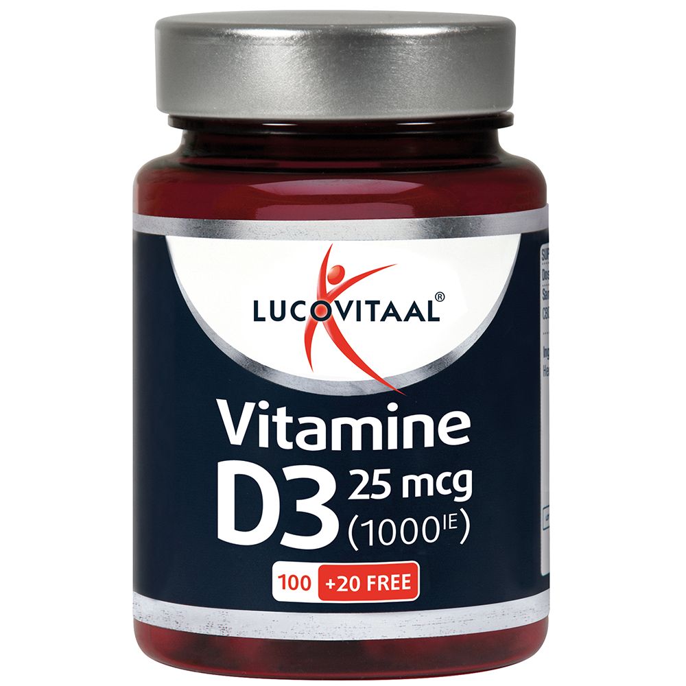 Flasche Lucovitaal Vitamin D3 25 mcg (1000 IE) mit 100 + 20 gratis Kapseln.