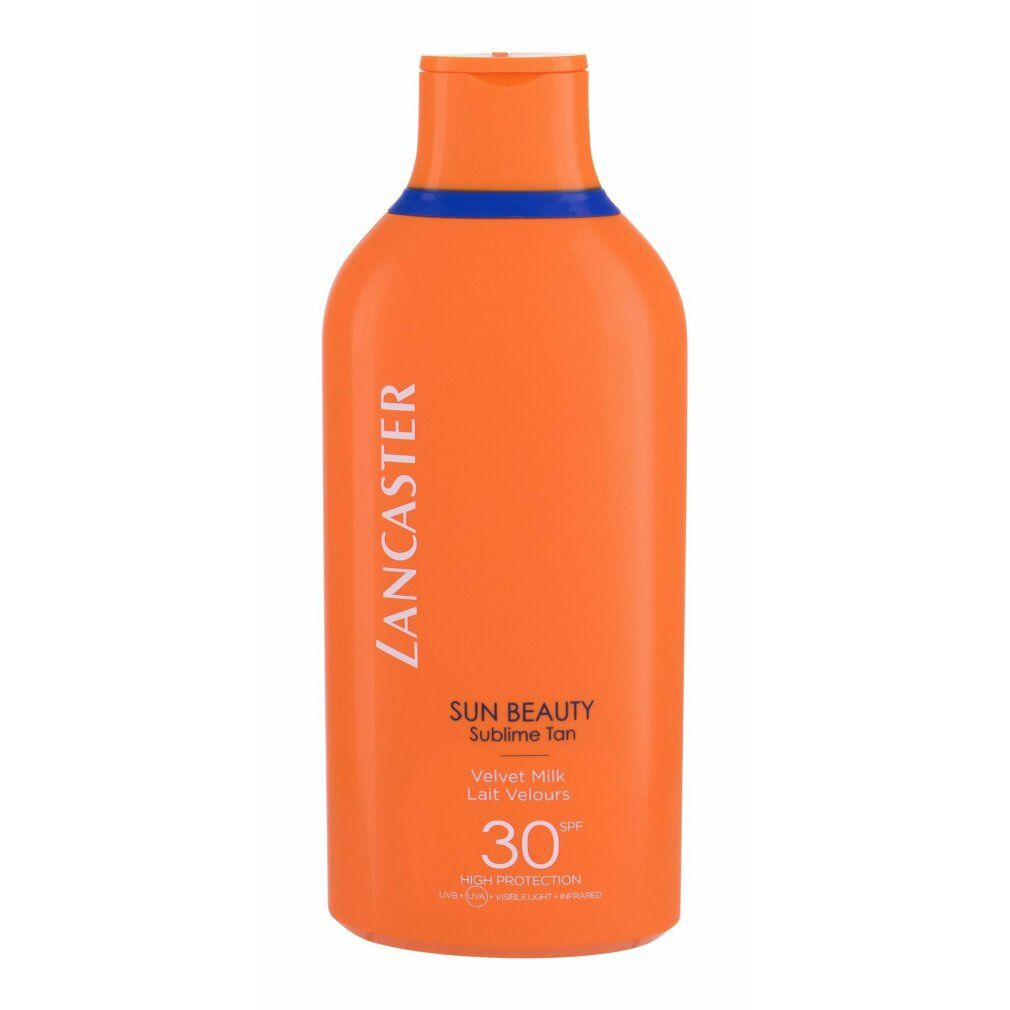 Orangefarbene Flasche mit blauer Linie. Text: Lancaster, Sun Beauty, Velvet Milk, SPF 30.
