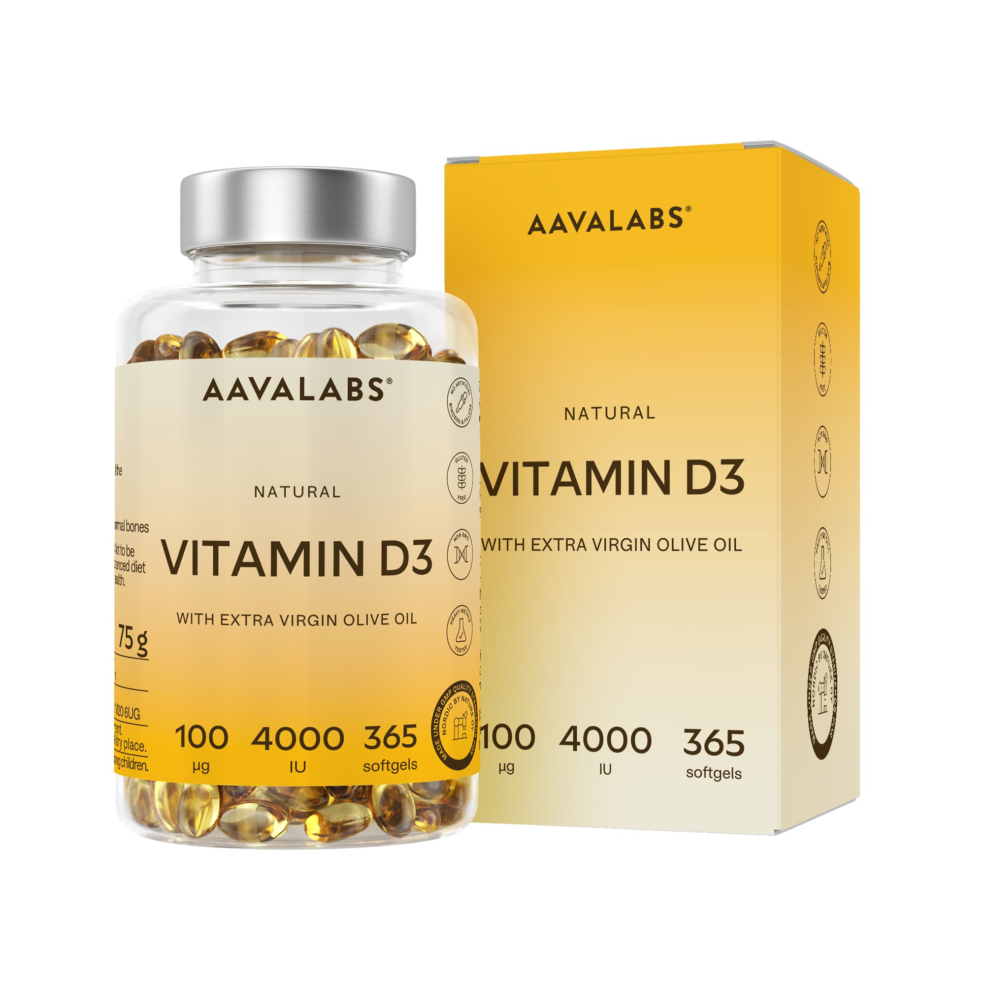 Flasche und Schachtel mit Vitamin D3. Flasche mit 365 Softgels. Schachtel mit Produktinformationen.