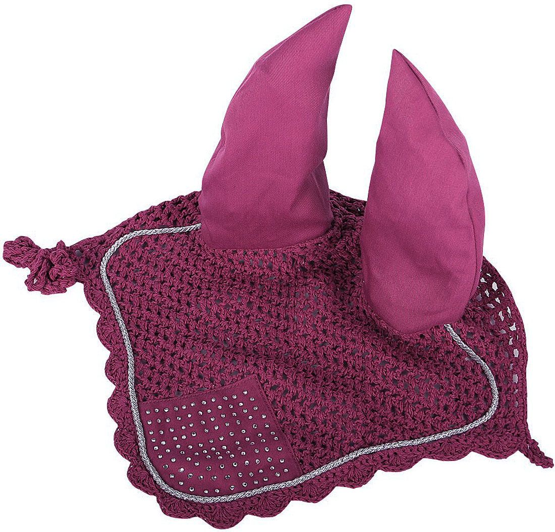 Pferdeohrenschutz mit Strasssteinchen. Gehäkeltes Netz, zwei Ohren, Ziersteinbesatz, silberne Kordel. Farbe: Pink.