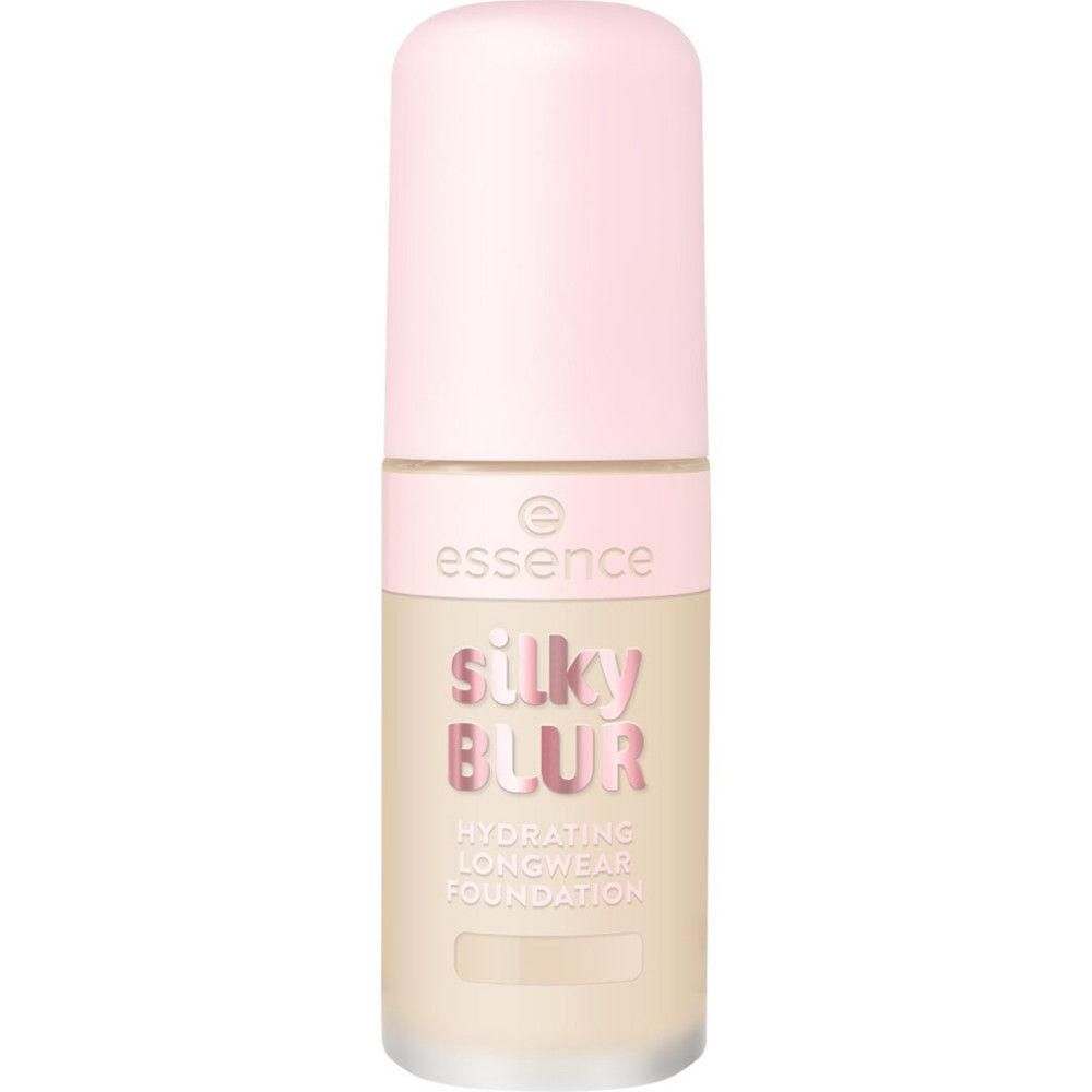 Beige Foundation-Flakon mit rosa Deckel. Aufschrift: Silky Blur, Hydrating Longwear Foundation. Marke: Essence.